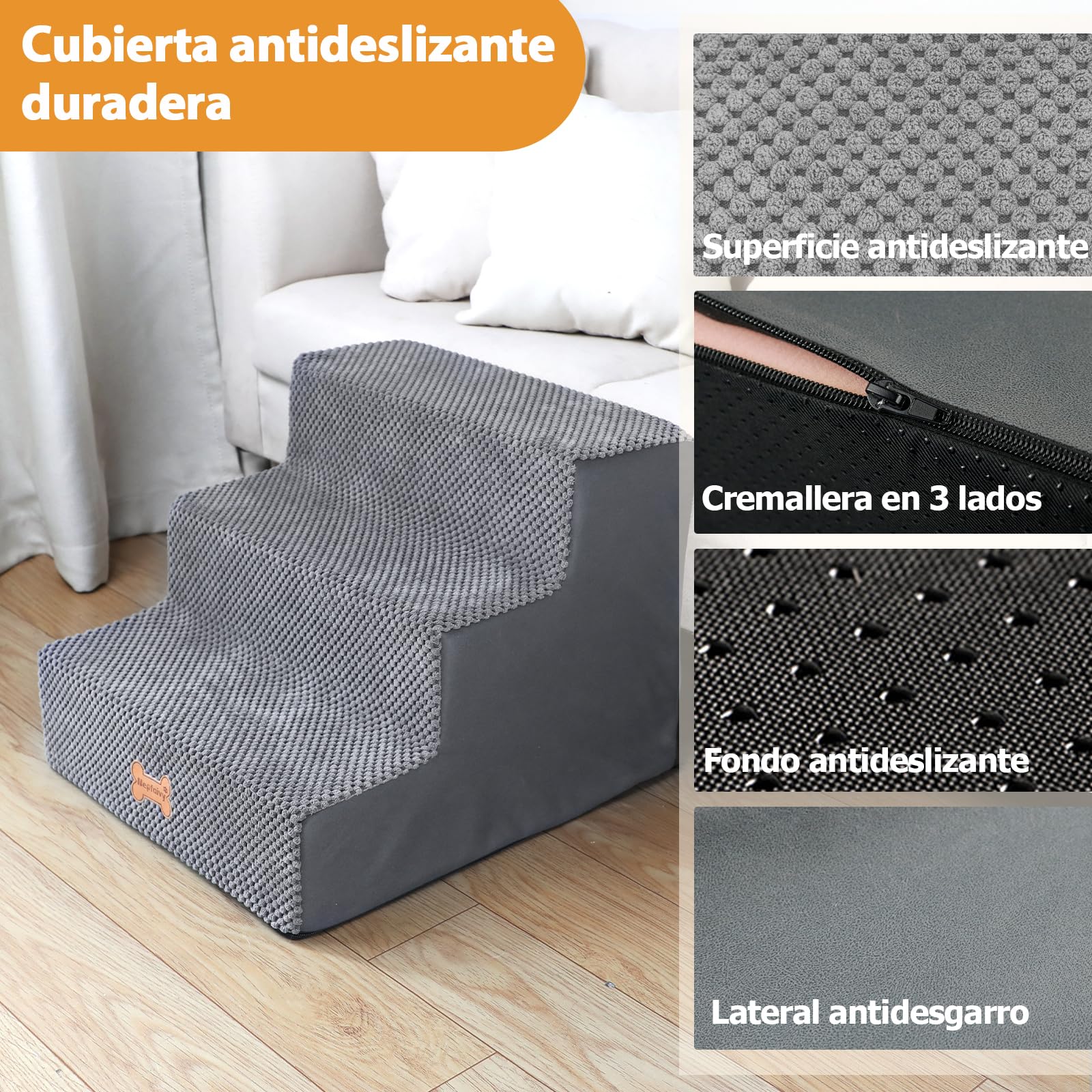 Nepfaivy Scaletta per Cani - Scala per Cani e Gatti per Salire sul Letto, Gradini con Copertura Rimovibile e Lavabile, Grigio, 45x40x34cm