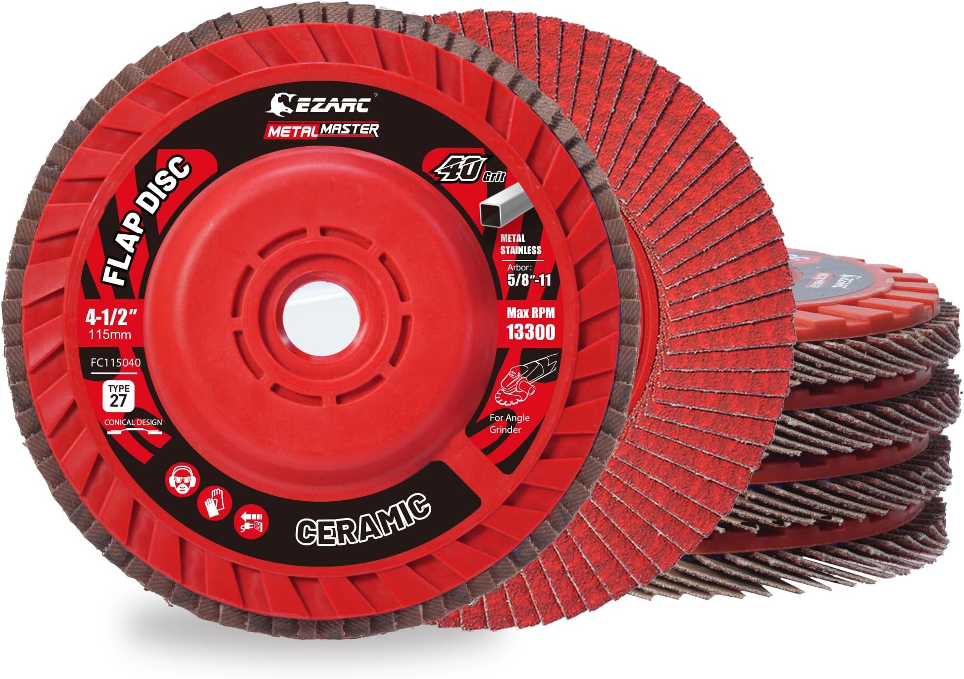 EZARC Flap Discs 40 Grit, 4-1/2" x 7/8" Ceramic Grain Flap Sanding Disc, Type 27 Heavy Duty Abrasive Trimmable Grinding Wheel Finishing for Stainless Steel, Sheet Metal (5 Pack)
