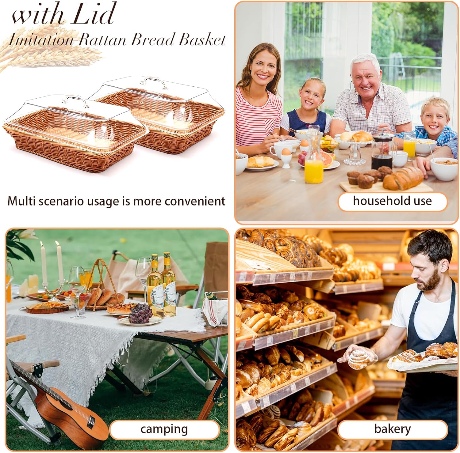 AstraLoom 2 Pcs Imitation Rattan Bread Baskets with Acrylic Lids, 13.8 x 9.8 x 5.9 Inches, Tabletop Serving Basket for Food & Fruit, Kitchen & Dining Room Storage(Brown)