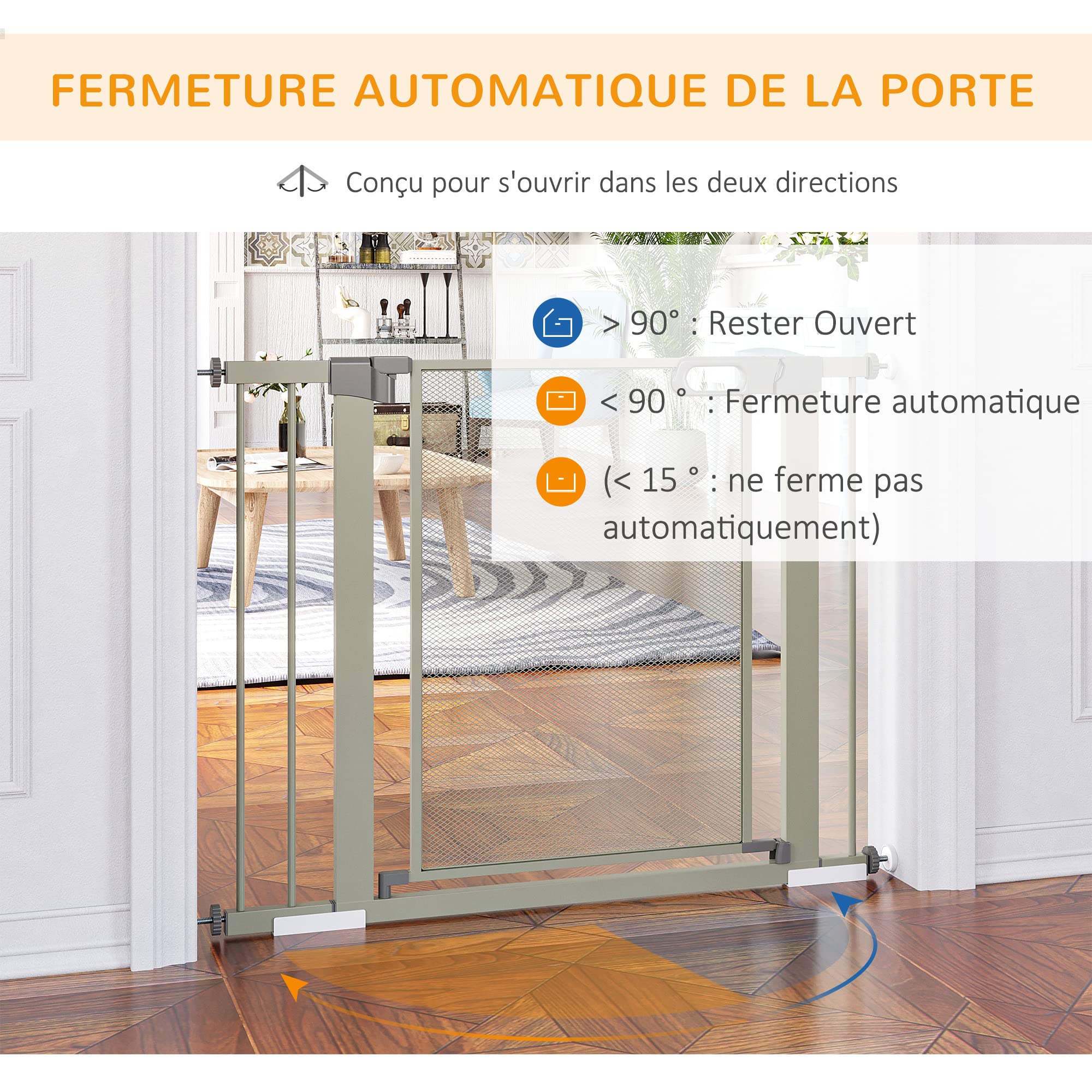 PawHut - Barrera de seguridad para animales domésticos con cierre automático doble bloqueo ancho 75-103 cm, color gris | para mascotas domésticas, doble bloqueo