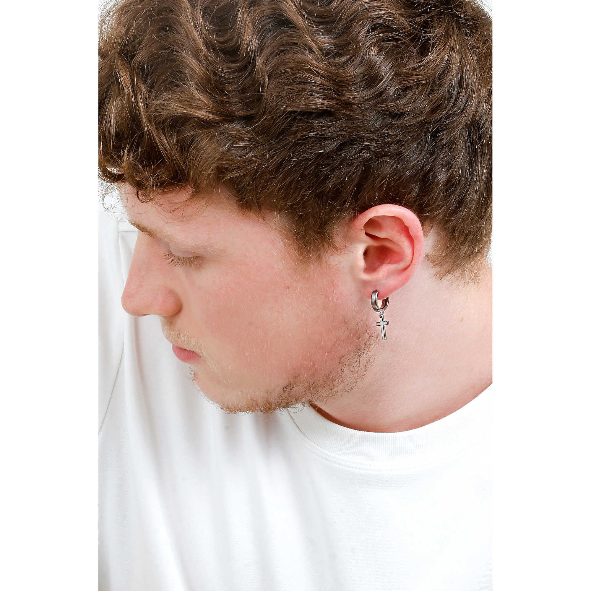 Brosway Orecchino Singolo Uomo, Orecchino a Cerchio in Acciaio con Simbolo Croce | Collezione INK - BIK28