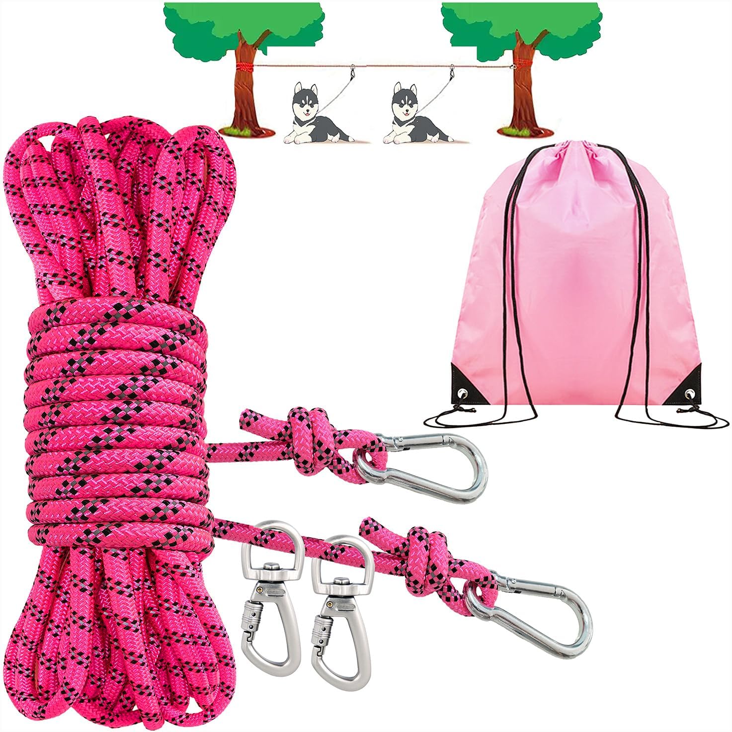 Dog Tie Out Cable for Camping, Adjustable 50/100ft Trolley Runner Cable for Two Dogs up to 300 lbs, Dog Lead Line with 360° Movable Clasp