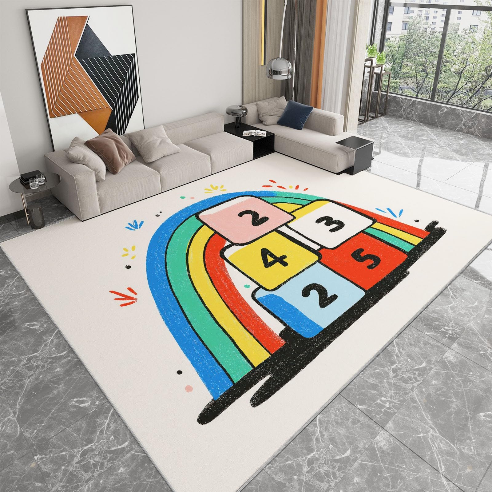 Dywan do salonu, 180 x 240 cm, z cyfrowymi klockami, w paski, z motywem tęczy, miękki, z krótkim włosiem, nowoczesny, antypoślizgowy, do salonu, sypialni, wystroju domu dla chłopców i dziewcząt