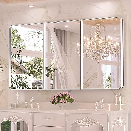 Vista 19 de Keonjinn Espejo de botiquín cromado de 16 x 24 pulgadas, botiquín empotrado para baño, elegante marco de acero inoxidable, estantes ajustables