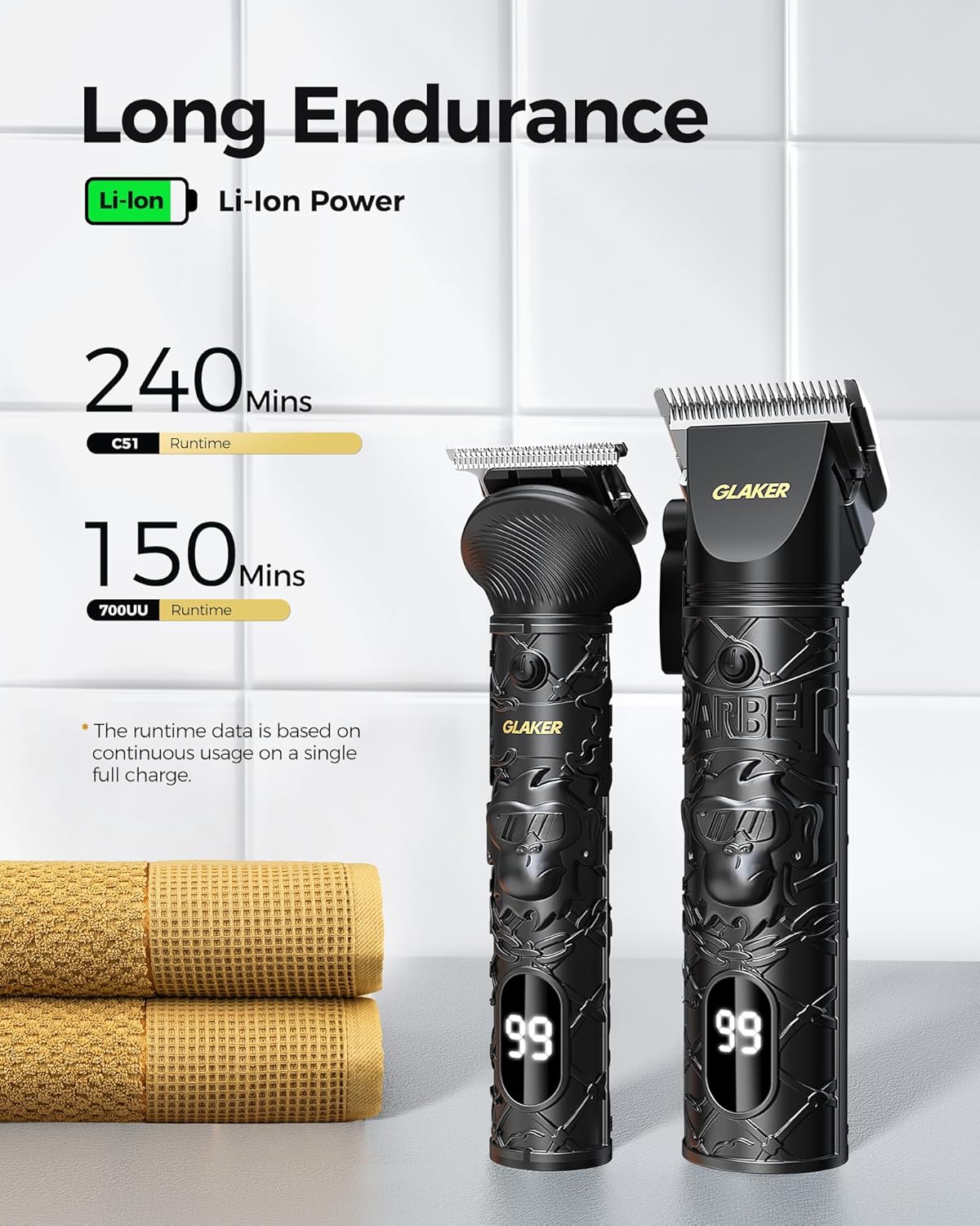 Diagram of GLAKER Hair Clippers and Styling Kit components and guide comb sizes.
