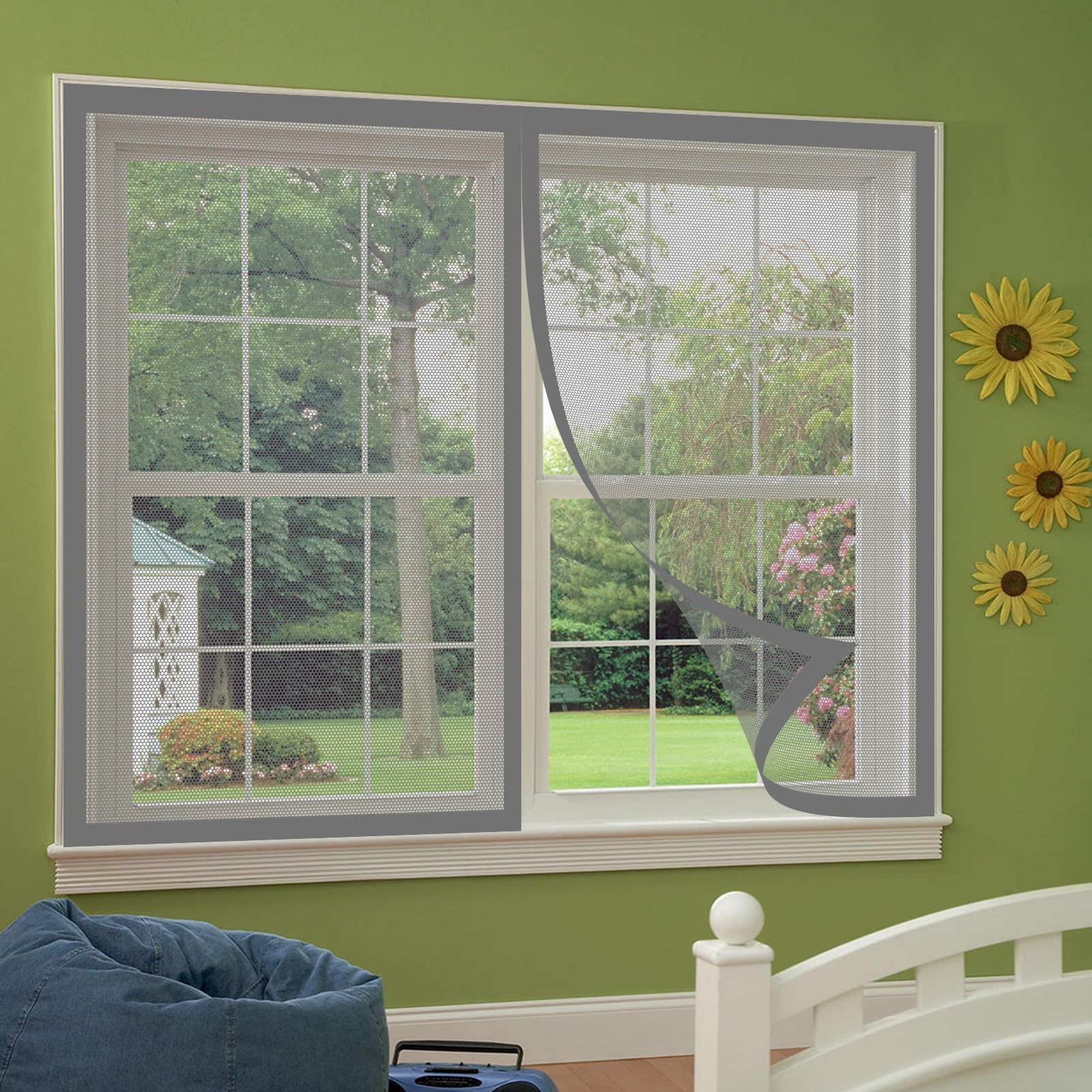 Magnetic Fly Screen Window 176 x 140 cm Easy Installation Insect Mesh Mosquito Bug Net Excellent Airflow Fitted to Multiple Windows, Grey