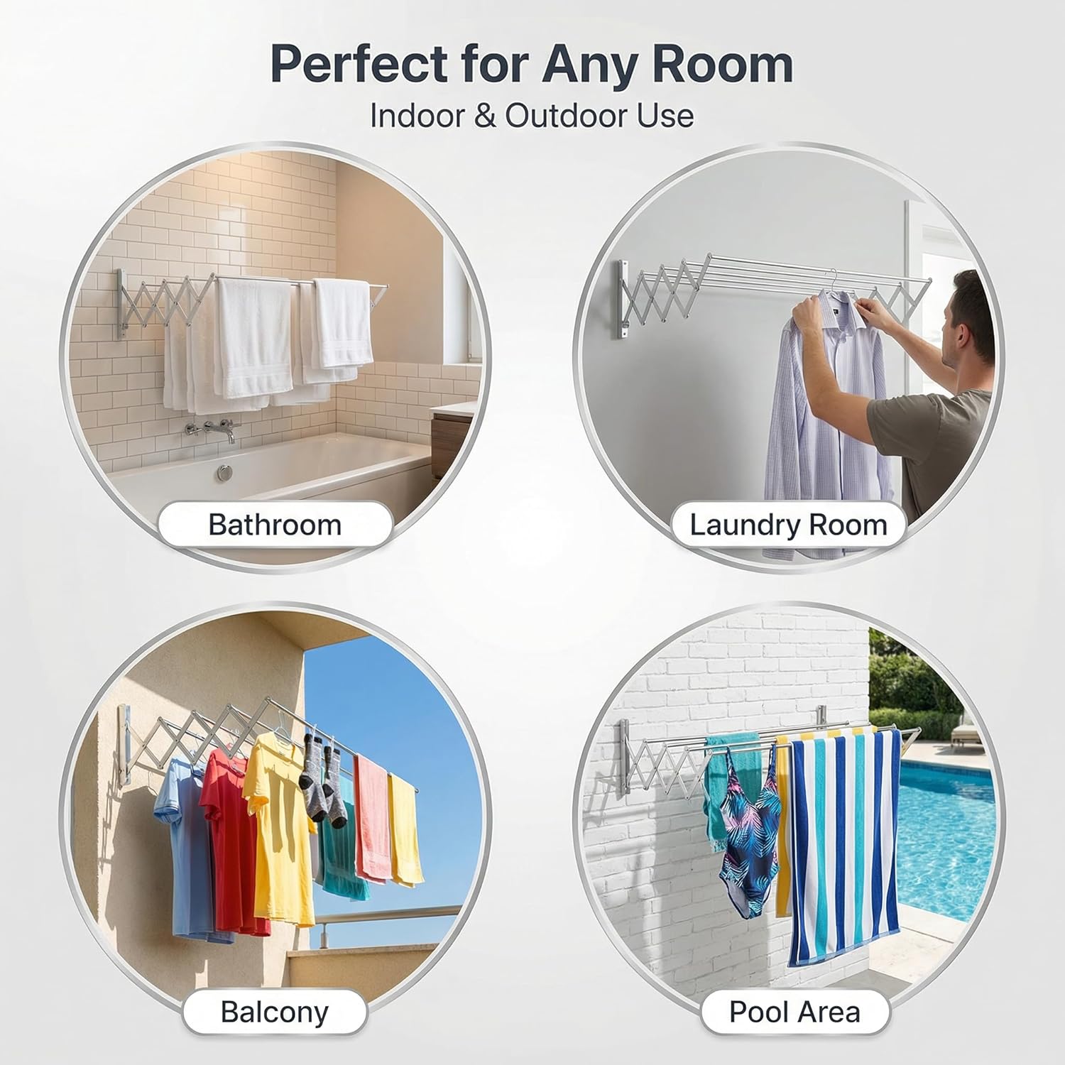 Laundry Drying Rack Wall Mount - Towel Rack Collapsible, Retractable Drying Rack Easy Install Space Saving with 5 Drying Rods