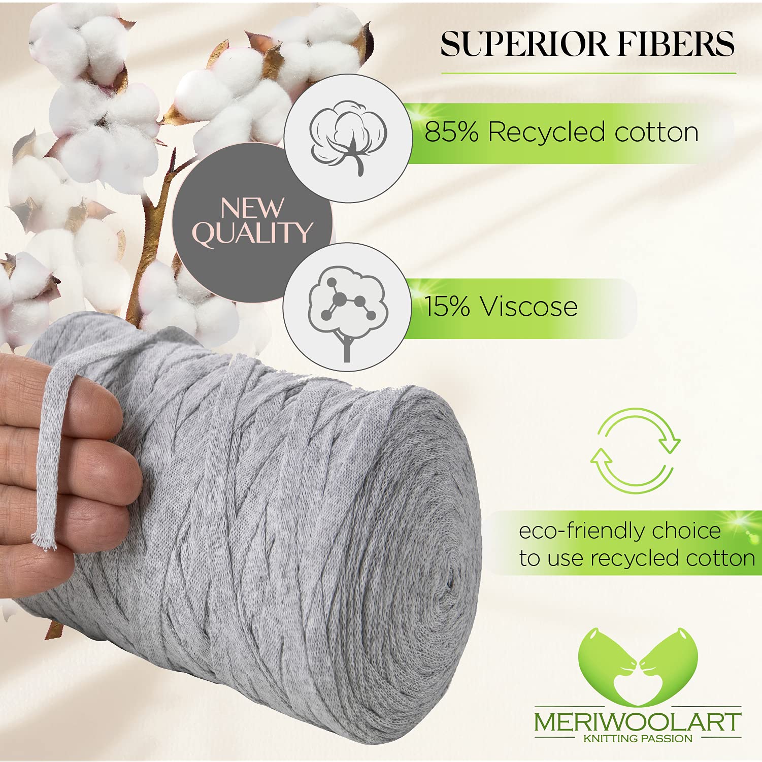 MeriWoolArt® Cotton Yarn Ribbon Grey, 10 mm T-Shirt Tape Yarn for Knitting Macrame, Crochet, Weaving, Gift Ribbon - Image 4