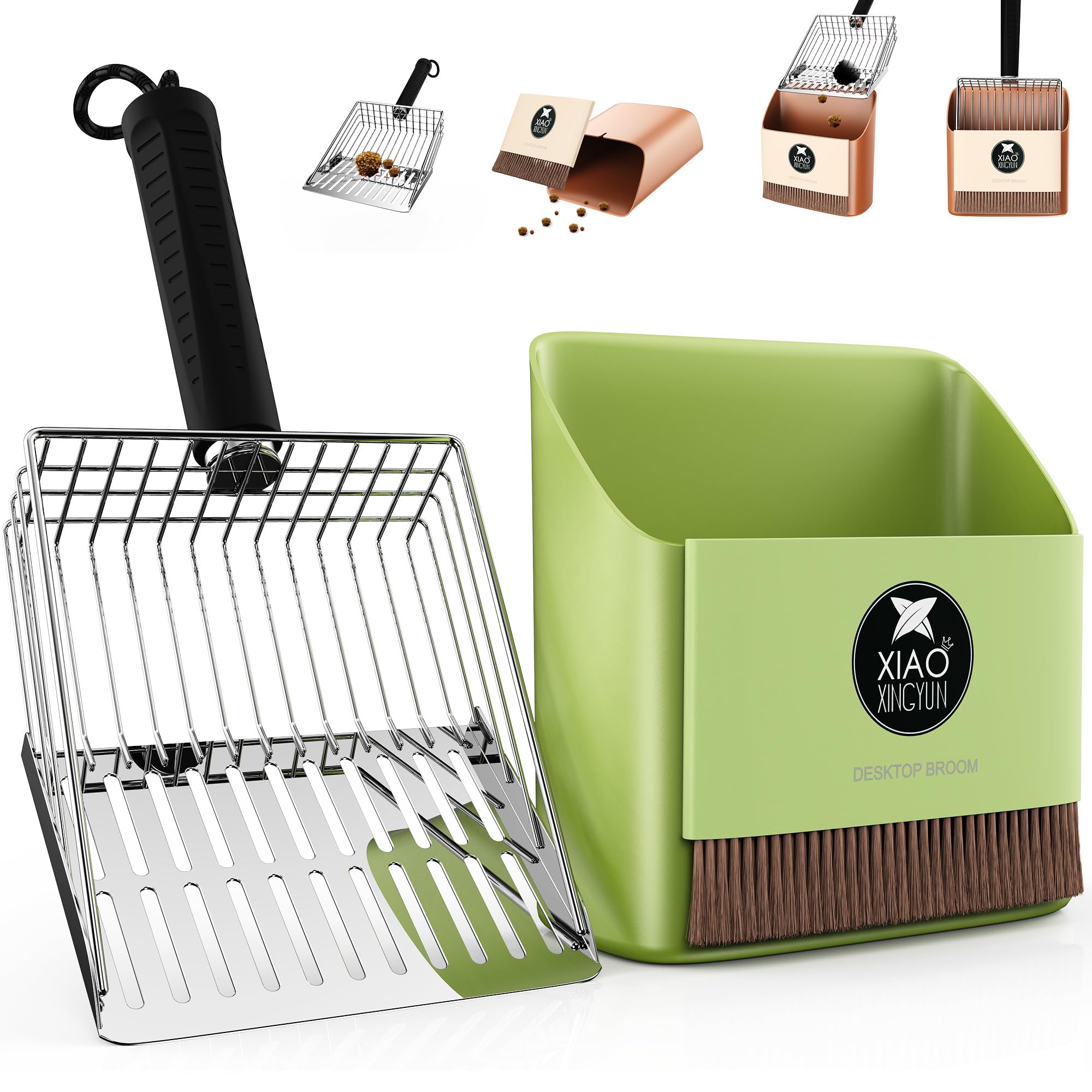 Metal Cat Litter Scooper Kit - Durable Large Steel Litter Scoop with Dual Grid, Includes Broom &amp; Dustpan for Quick, Easy Cleaning