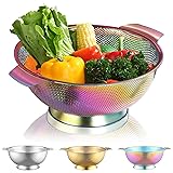 Kyraton Rainbow Colander 5 Quart, Professional Titanium Colorful Plating Stainless Steel Strainer with Heavy Duty Handles and Self Draining Solid Ring Base, Easy Clean and Dishwasher Safe