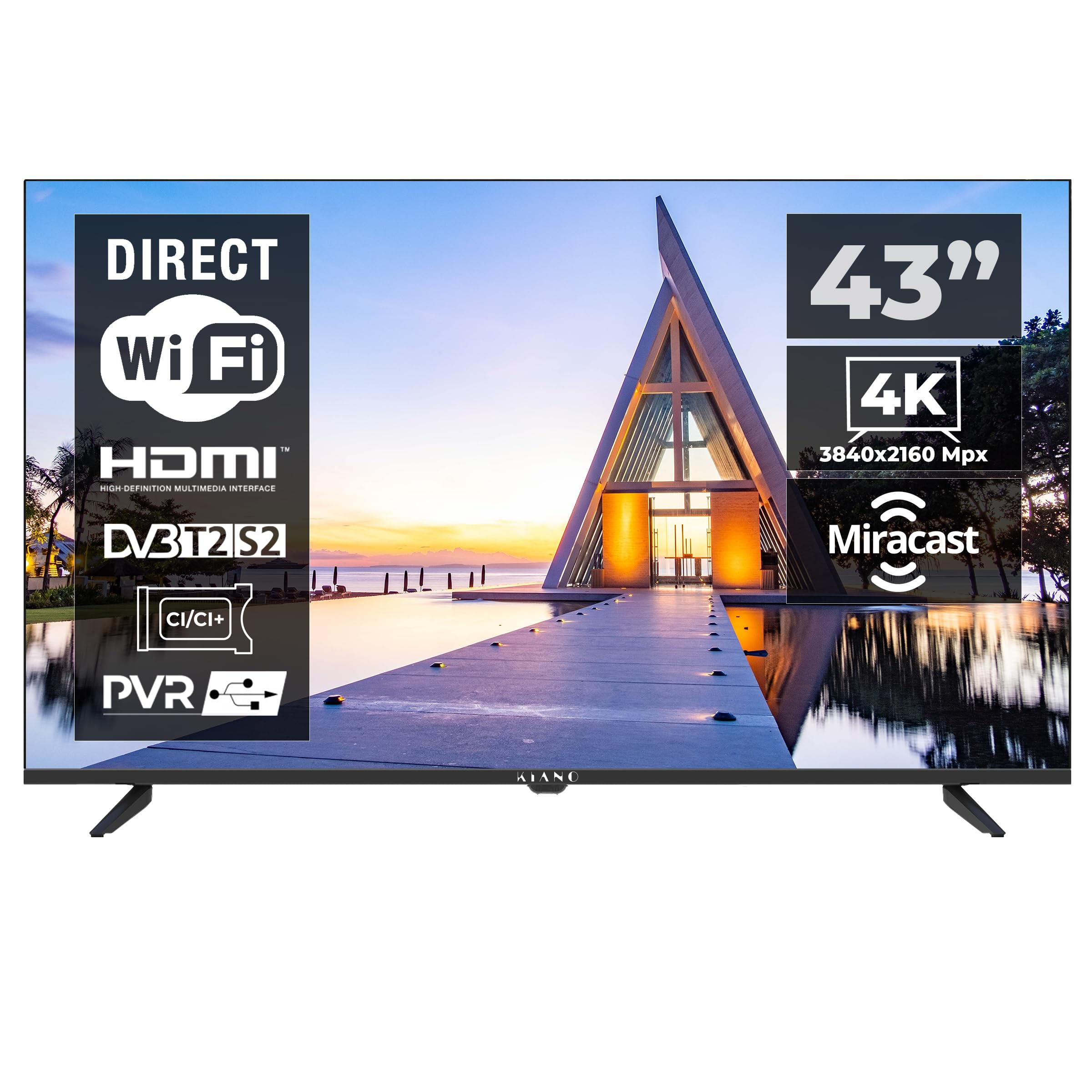 Kiano Elegance 43" 4K UHD Smart TV – Android 11, HDR10, Triple Tuner (DVB-T2/C/S2), Dolby Audio, WLAN, Bluetooth, 2× HDMI, 2× USB, CI-Slot, Metallrahmen, VESA