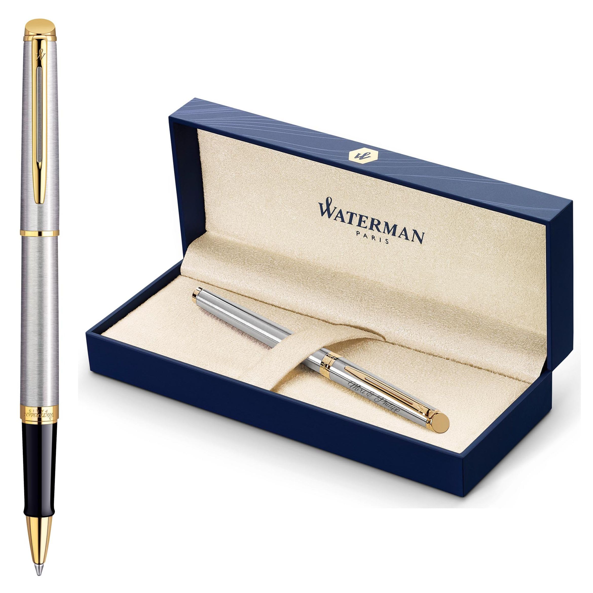 Waterman Hémisphère - Bolígrafo de punta redonda con grabado, pluma de lujo personalizada, regalo elegante para hombres y mujeres, tinta azul (acero inoxidable G.C.)
