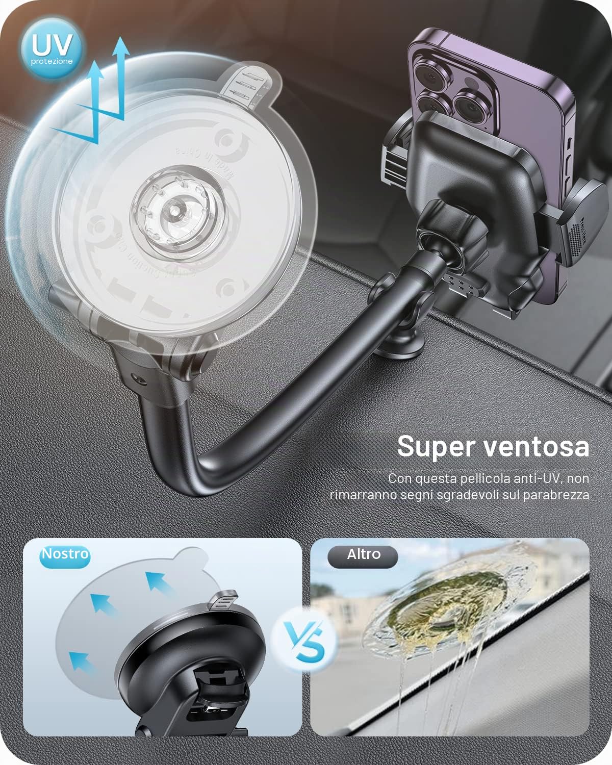 APPS2Car Supporto Cellulare auto Ventosa, Universale Porta Cellulare Auto 360° di Rotazione per Parabrezza Cruscotto bocchette aria, Compatibile con iPhone, Galaxy, Huawei, Xiaomi