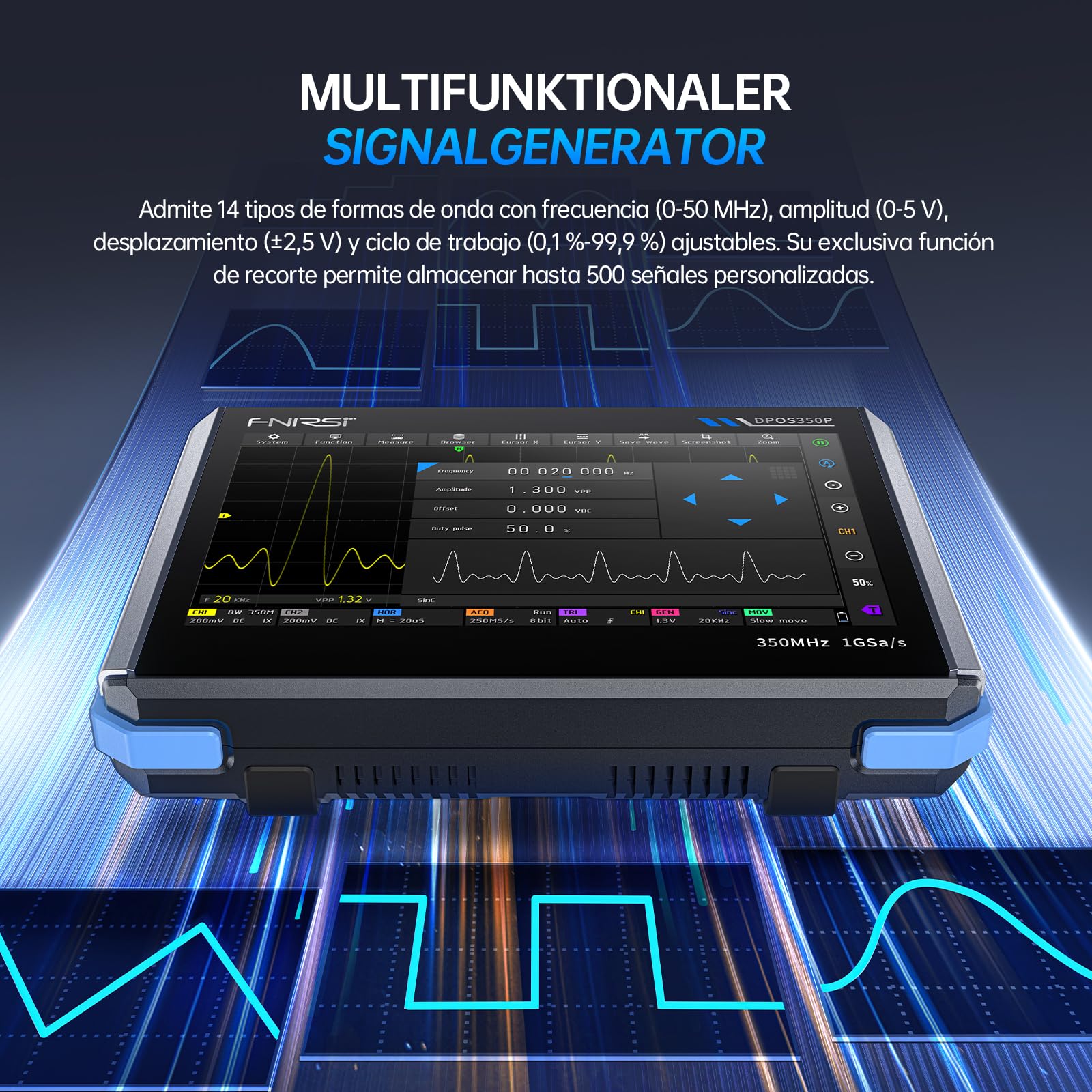 FNIRSI DPOS350P 4-in-1 Tablet-Oszilloskop 350 MHz, Spektrumanalysator 200 kHz – 350 MHz, Frequenzganganalysator DDS-Generator, 2-Kanal-Handoszilloskop 1 GSa/s, 7-Zoll-Touchscreen, digitaler Phosphor
