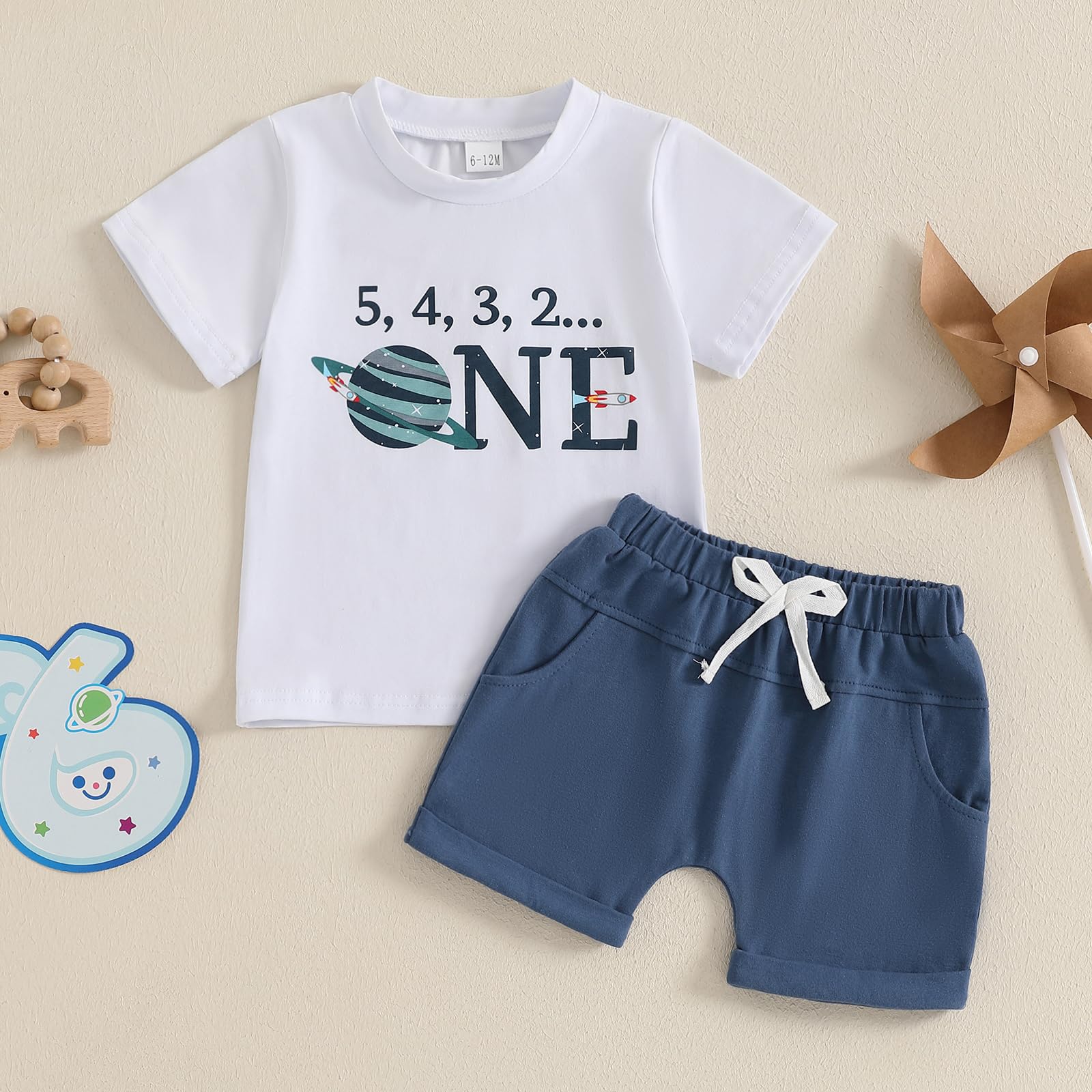 First Birthday Outfit Boy 1st Birthday Outfit Boy Letters First Trip Around the Sun Short Sleeve Shirt Shorts Cake Smash Outfit (A-White Blue,12-18 Months)
