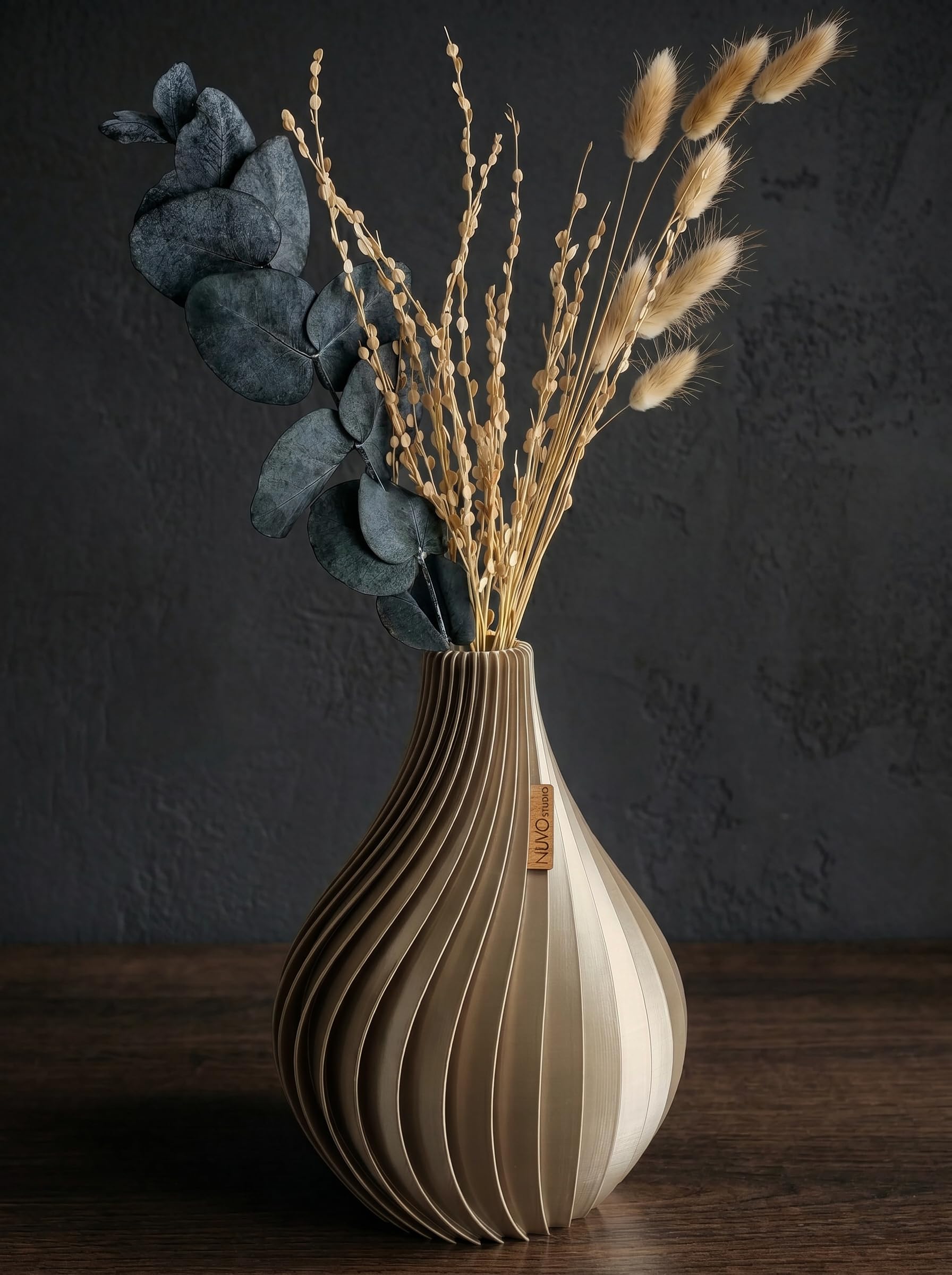 Vase „Ventura“ 25cm – Set mit Strauß – Moderne Vase für Trockenblumen & frische Blumen – wasserdicht – nachhaltig & 3D-gedruckt in Deutschland (Champagne, L, Set mit Strauß)