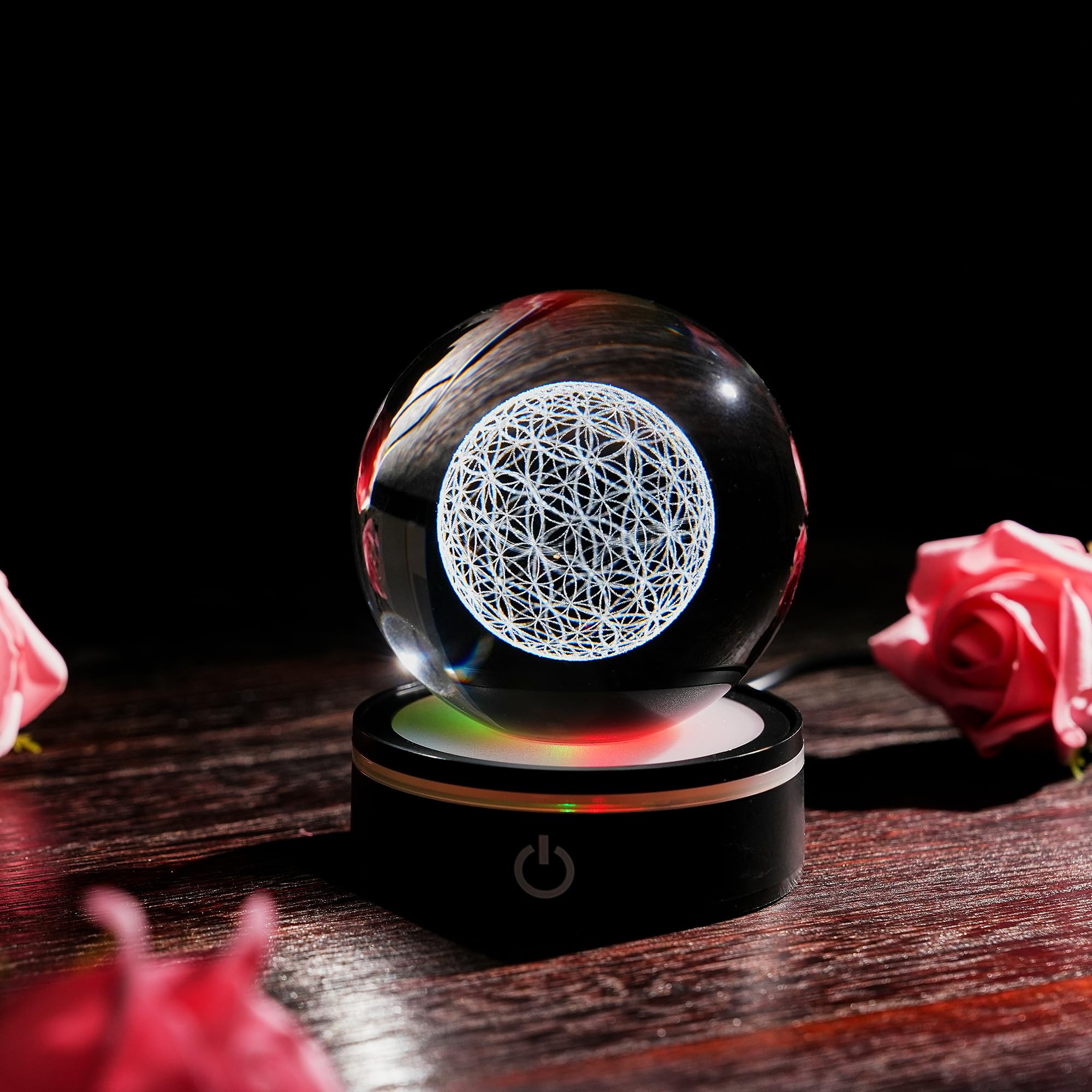 Fermacarte a forma di sfera di cristallo con incisione laser 3D, fiore della vita, con supporto a LED, per guarigione dei chakra, per San Valentino, compleanno, anniversario, regalo di nozze
