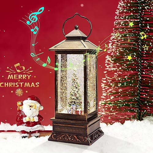 Miniatura 2 de Decoración de linterna de Navidad con globo de nieve, linterna musical de globo de nieve con purpurina giratoria, árbol de Navidad iluminado