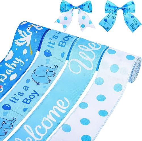 4 Rolls Baby Boy Ribbons Baby Blue Ribbon Baby Shower Wrapping Ribbon 20 Yards Burlap Ribbon Cute Baby Present Ribbon with Polka Dot Elephant Ribbon
