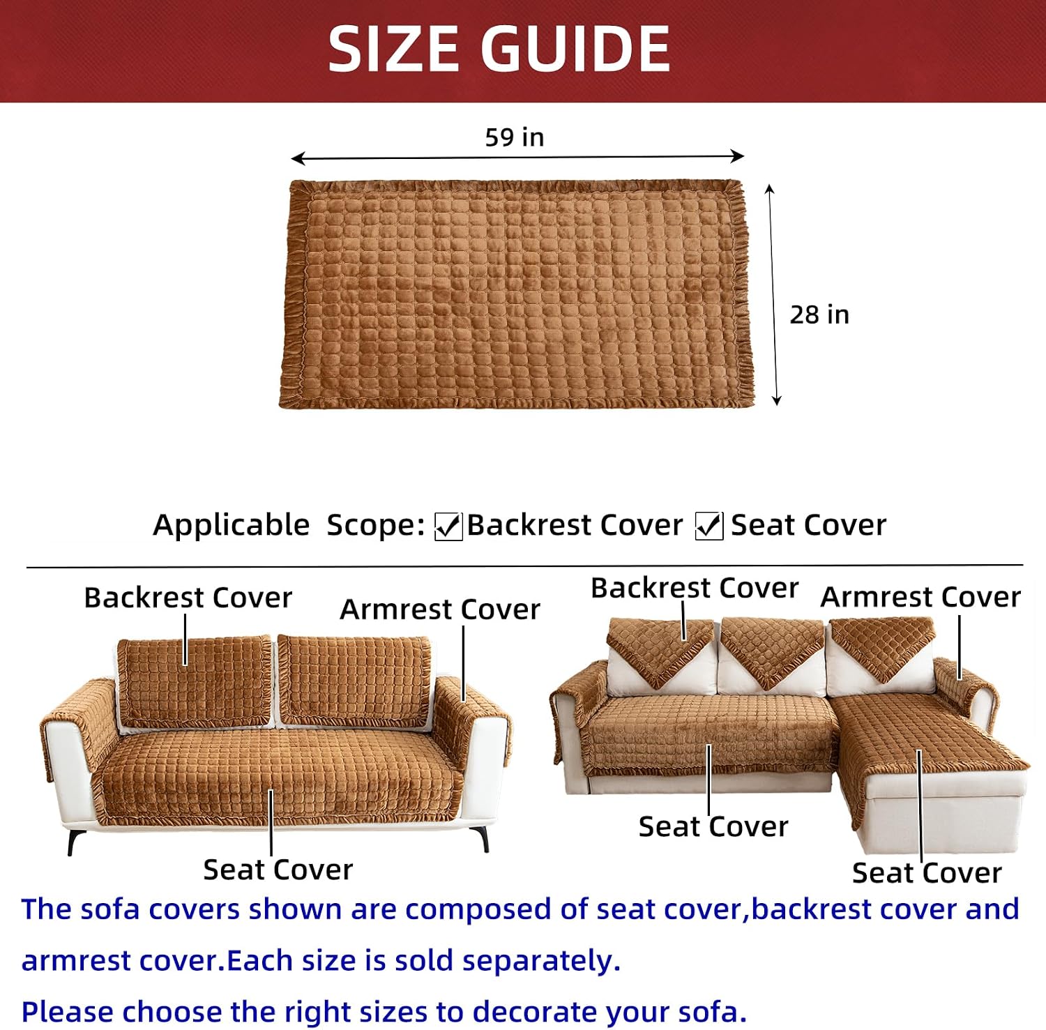 Couch Cover Sectional Couch Covers Non Slip Sofa Covers Washable for 3 Cushion Couch L Shaped Couch Protector Sofa Slipcovers for Kids Dogs Pets,Velvet,Coffee,28''x59''(Only 1 Piece)