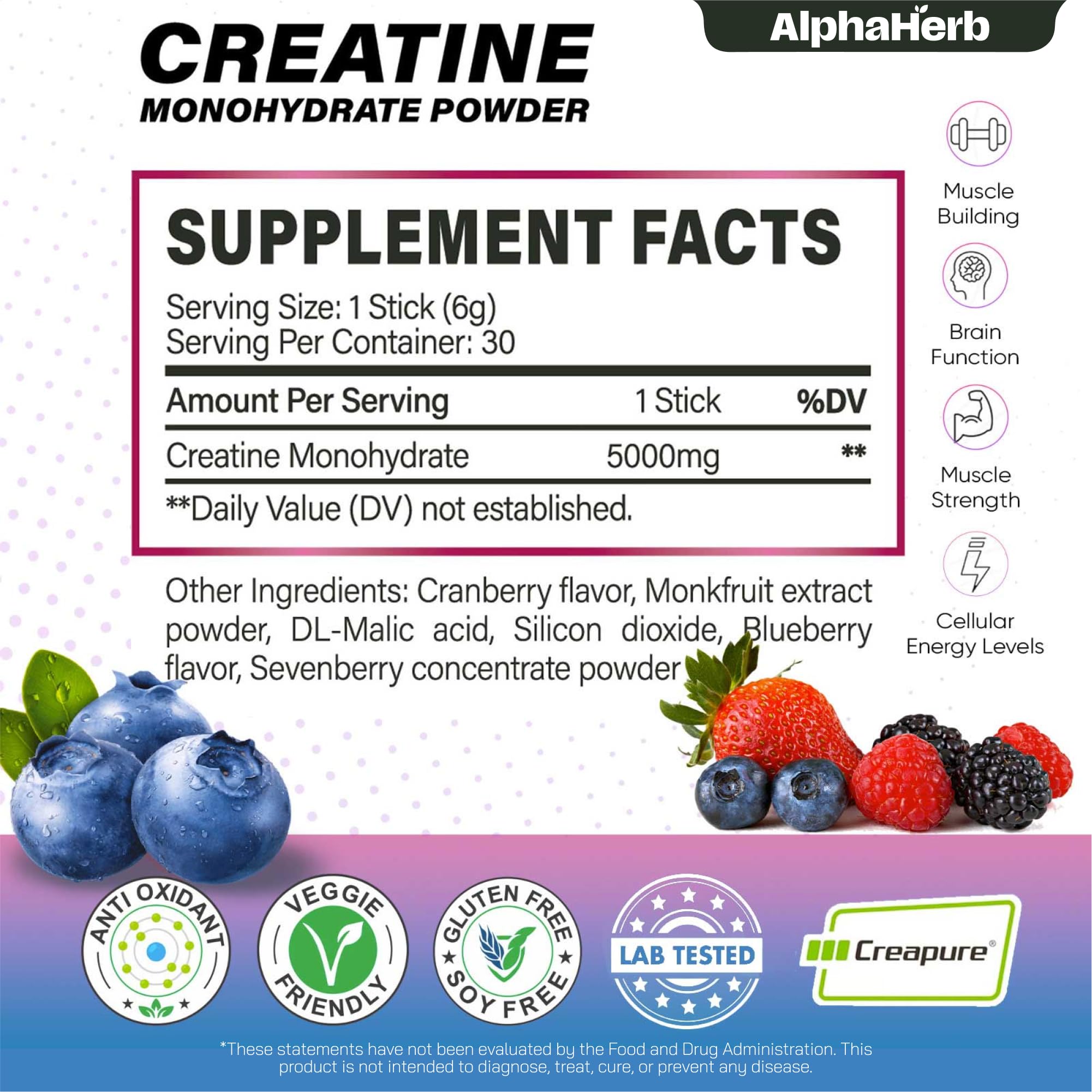 Creatine Monohydrate Packets, 5g Creapure Creatine, 30 Sticks - Mixed Berry — Amazon image 3