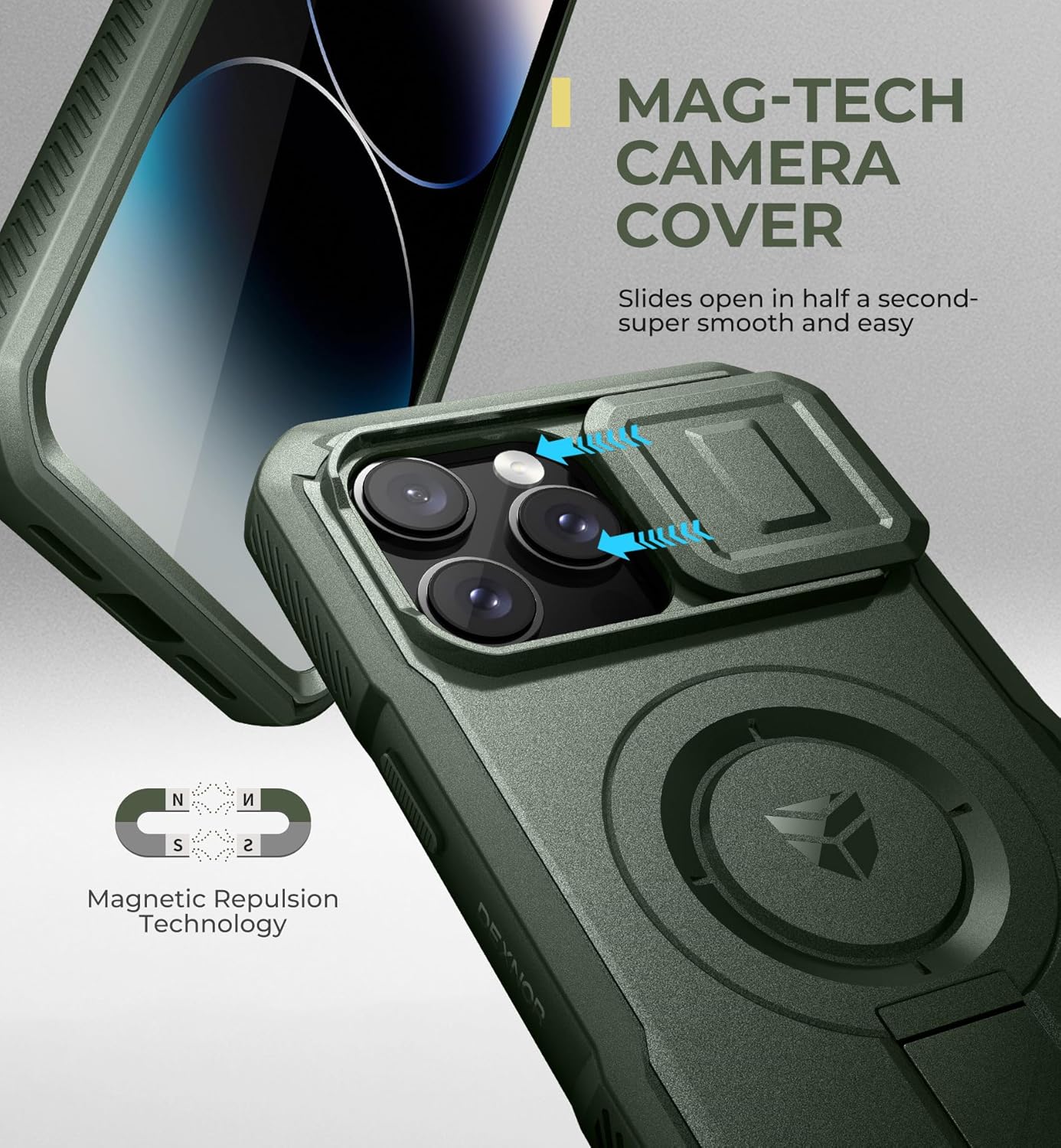 Dexnor for iPhone 14 Pro Max Case with Slide Camera Cover & Adjustable Kickstand & Built-in Screen Protector, Magnetic Rugged Shockproof Bumper Cases Heavy-Duty Magnetic Protective Cover,Army Green - Image 4