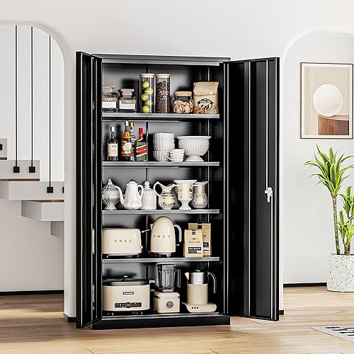 Miniatura 2 de INTERGREAT Gabinete de almacenamiento de metal negro, gabinetes de acero con bloqueo de 72 pulgadas con 2 puertas y 4 estantes ajustables, gabinete