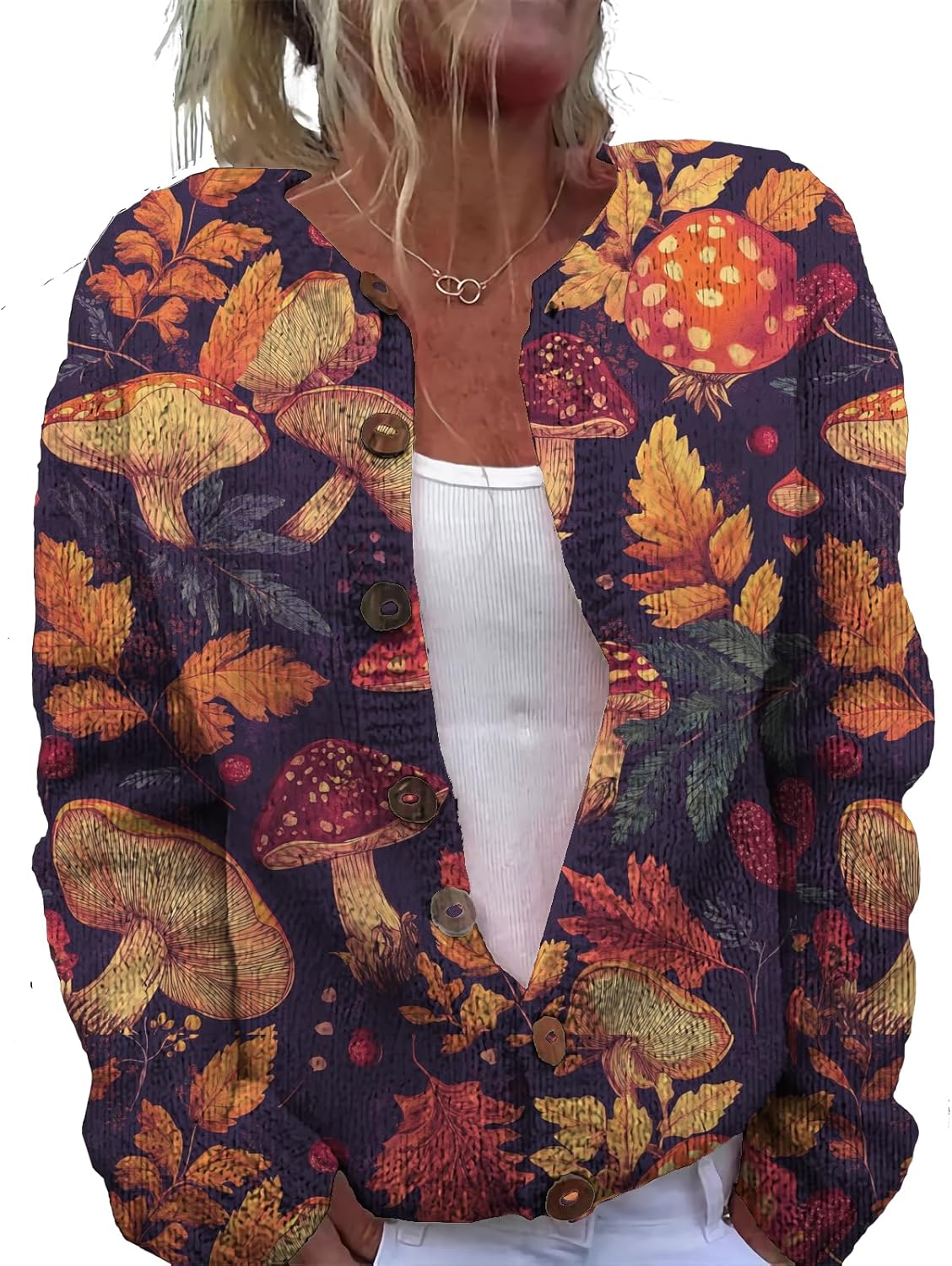 Womens Trendy Sweater Cardigan Mushroom Print Button Up Oversized Long Sleeve Floral Sweaters Plus Size Tops