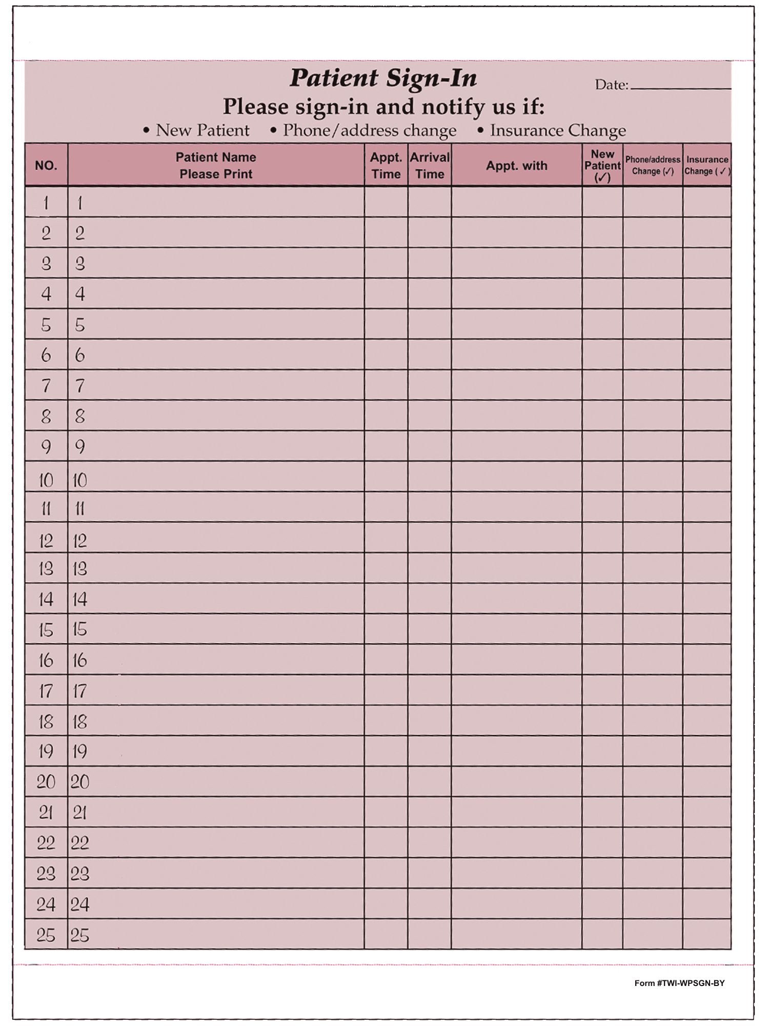Patient Sign-in Sheets, 8-1/2" X 11" (Burgandy) Carbonless Form (Lot of 125 Sheets) HIPAA Compliant