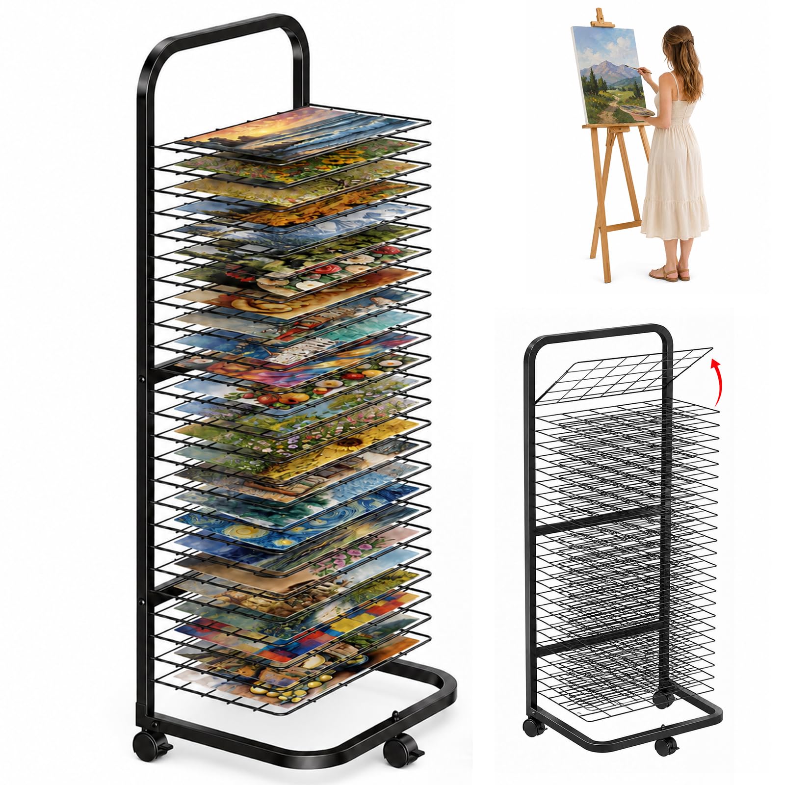 Jevervd Art Drying Rack with 25 Removable Shelves, Mobile Metal Paint Drying Stand with Lockable Wheels, Functional Canvas Rack Art Storage for Artwork in Classrooms, Art Studios and Schools