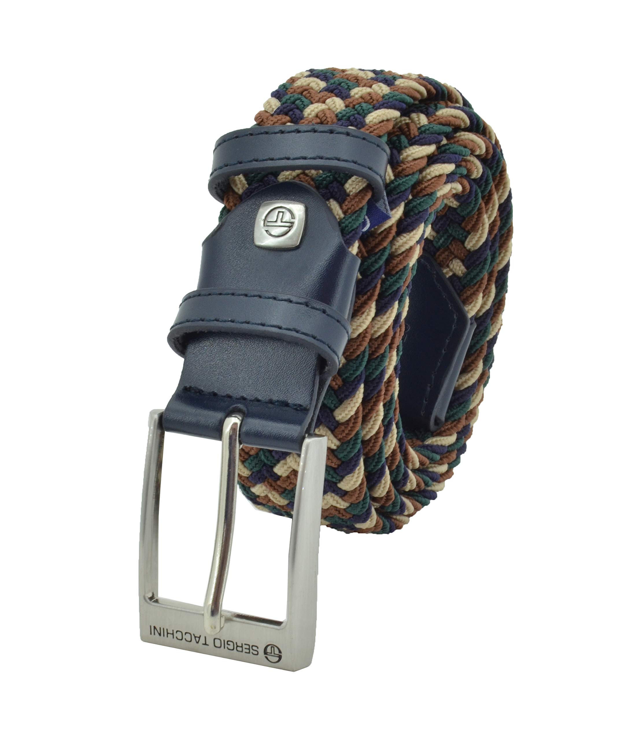 Sergio Tacchini Men's Verde E Marrone Mix Braided Belt,Man Woman, In Elastic Fabric With Inserts In Genuine Leather, Gift Box 115