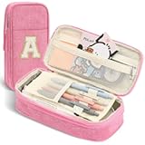 Pencil Bag, Pencil Case for Girls Women, Preppy Pencil Case, Large Initial Pencil Pouch with Zipper, Back to School Supplies, Aesthetic Pen Case Box for Kids Teen Girls - A(Pink)