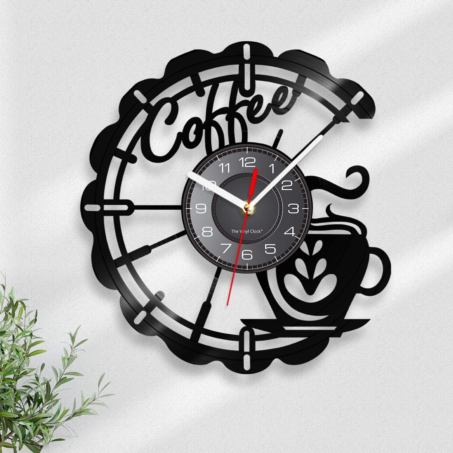 12 Inch Kitchen Vinyl Record Wall Clock, Kitchen Clock Wall Decorative Battery Operated Silent Non Ticking Coffee Theme Wall Clock Watch Coffee Bar Wall Decor for Kitchens