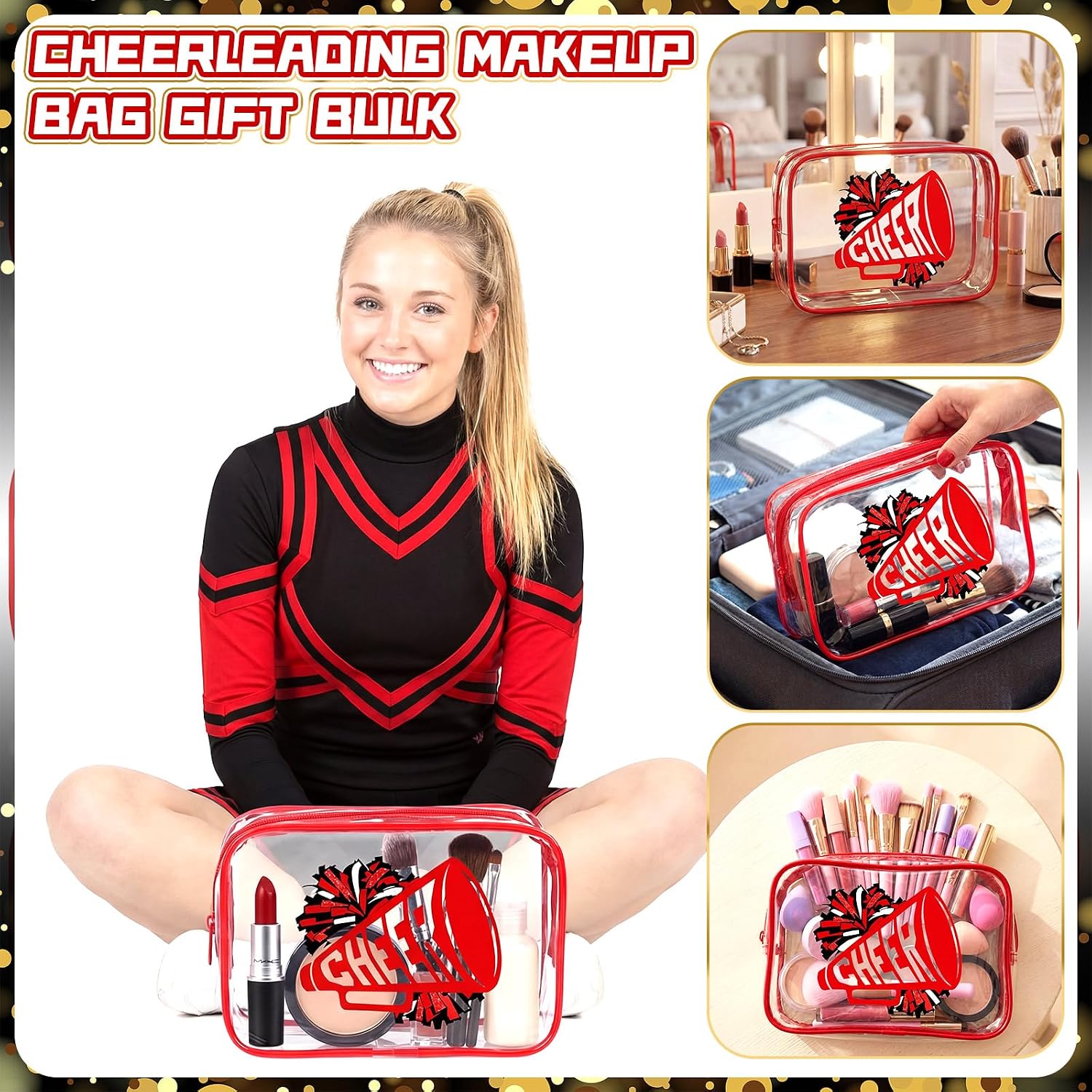 Kacctyen 12 Pcs Cheer Makeup Bag Cheer Team Gifts Bulk for Team 7 x 4.7 x 2.4'' Cosmetic Bag Cheerleader PVC Makeup Case Clear Toiletry Zipper Pouch for Cheerleading Teammate Party Supplies, Red Black