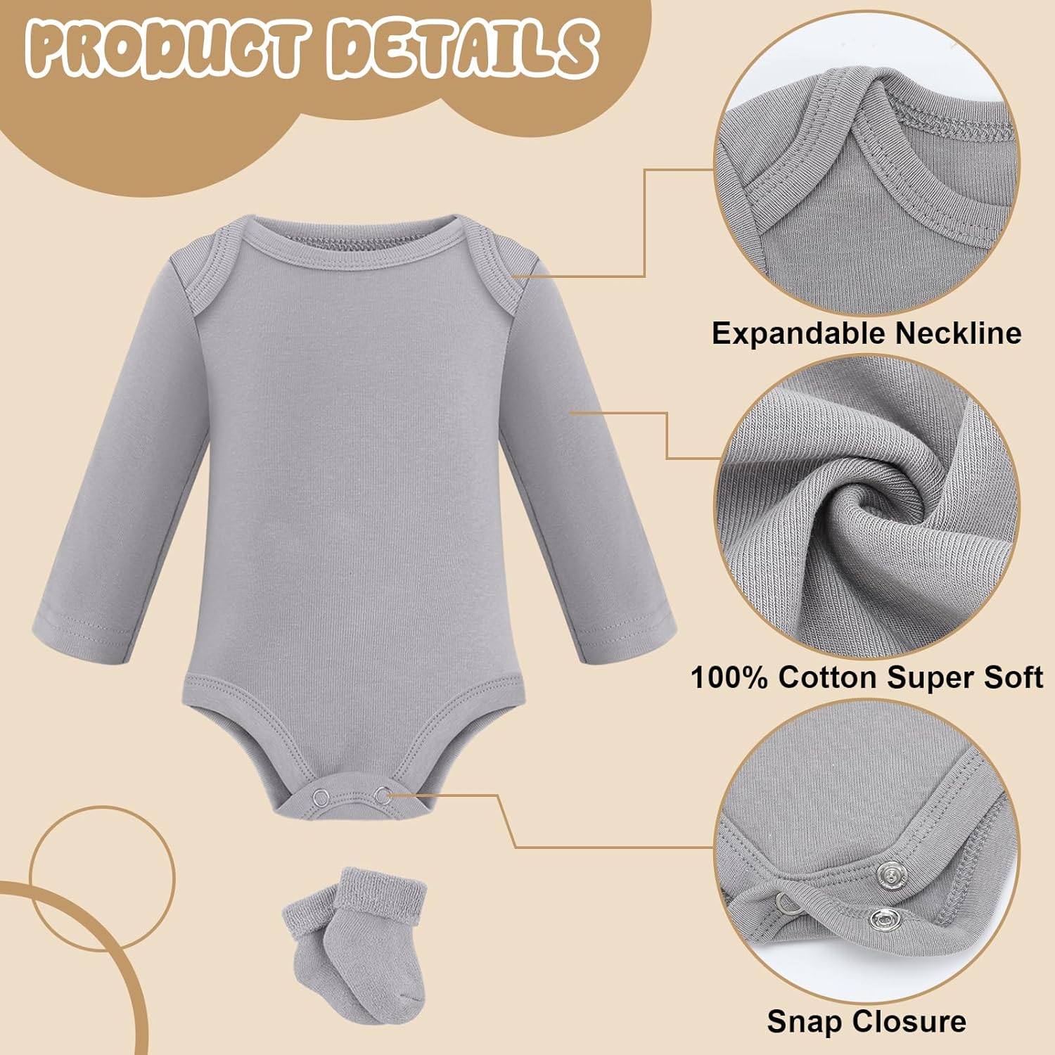 Glitopper 5 Pack Preemie Long Sleeve Bodysuit Preemie Layette Set Bodysuit Socks Set for Boys Girls NICU Gift