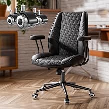 Black Leather Office Desk Chair with Quiet Rubber Wheels, Height Adjustable, Padded Arms, Vintage Mid Century Office Chair, Retro Style Desk Chair