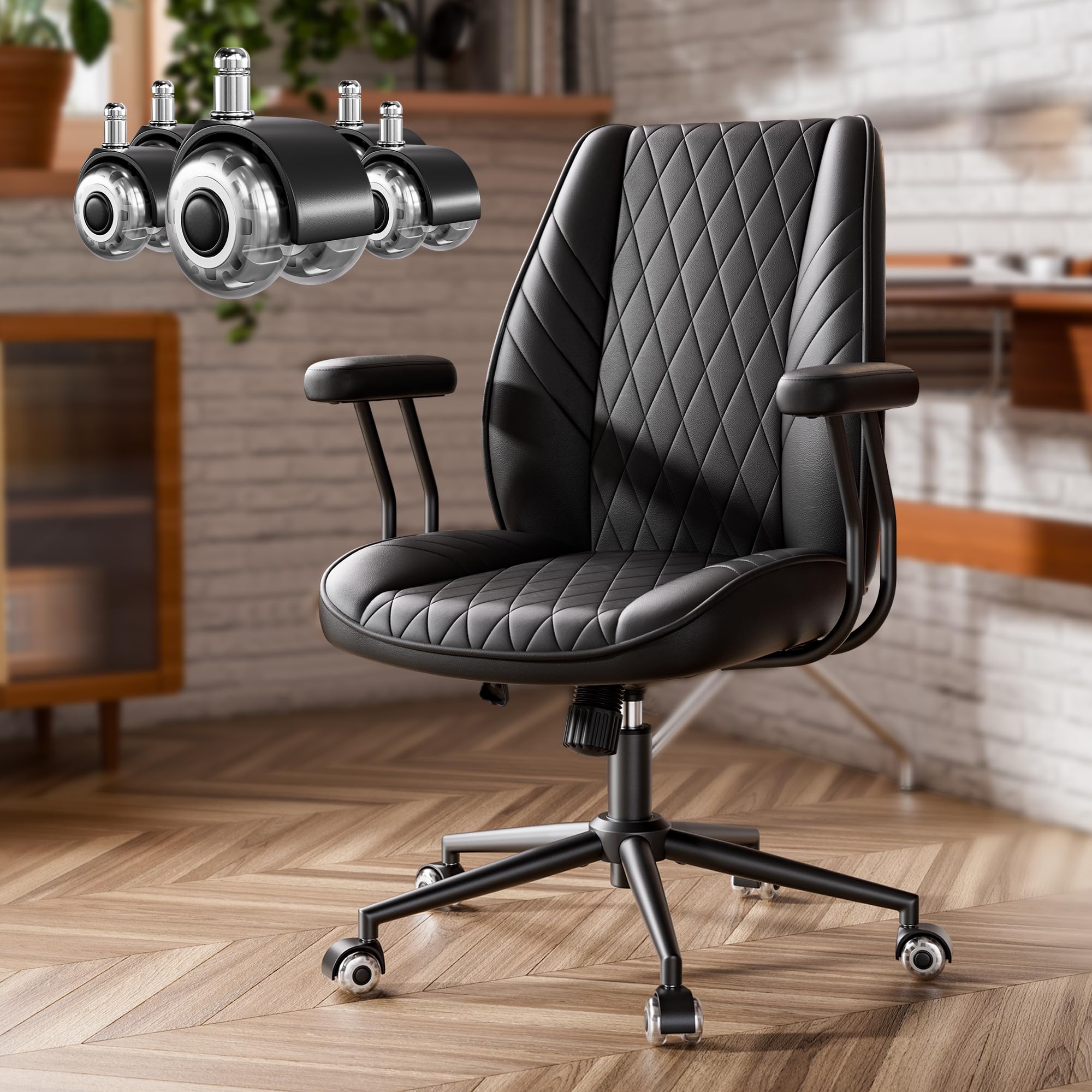 JULYMON Black Leather Office Desk Chair with Wheels, Quiet Casters, Height Adjustable, Padded Arms, Vintage Mid Century Office Chair, Retro Style Desk