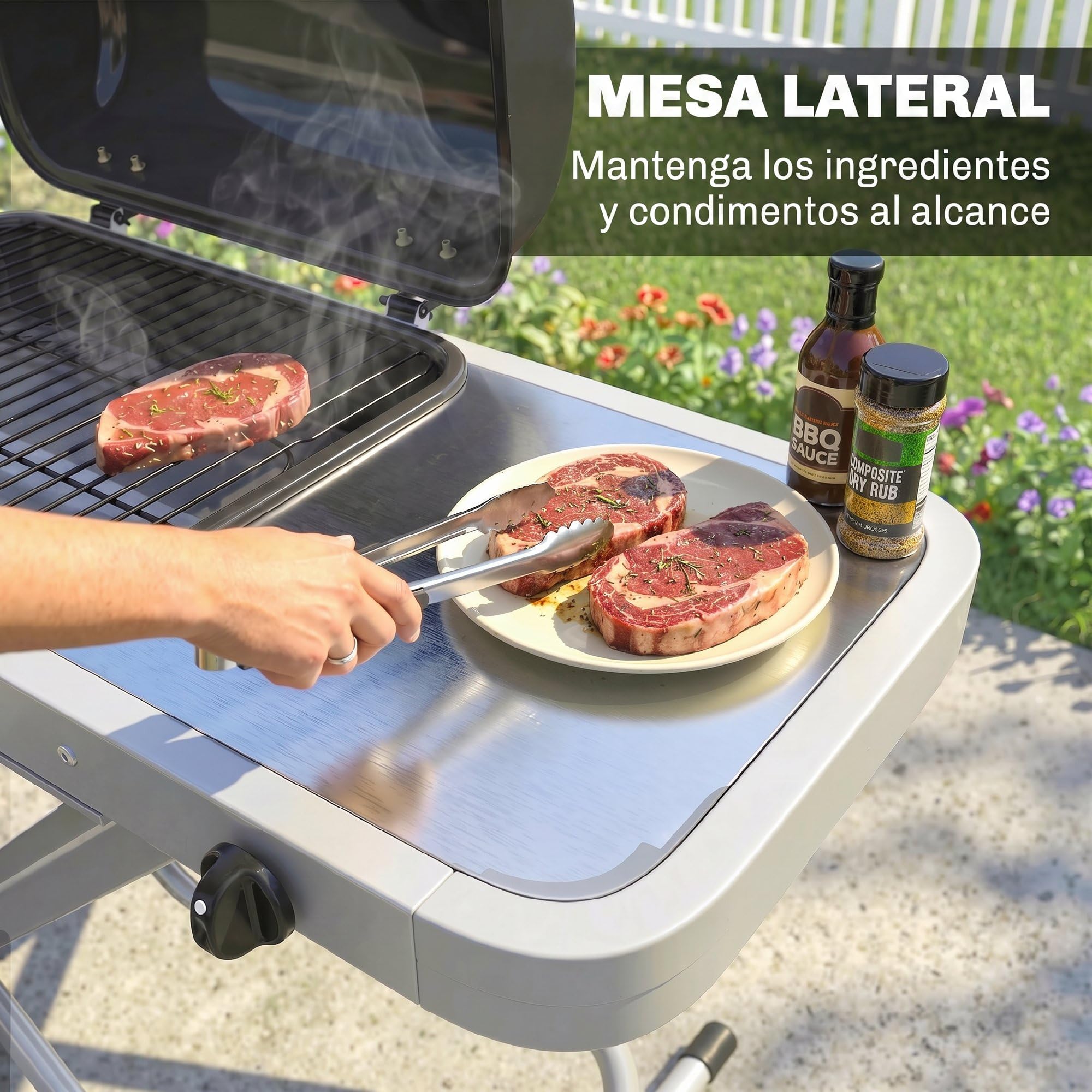 Outsunny Barbacoa de Gas Plegable, BBQ Gas con Quemador 2,5 kW, Barbacoa Portátil con Termómetro, Mesa Lateral, Parrilla de Hierro Fundido, Recogedor Grasa y 2 Ruedas para Jardín, Camping, Negro