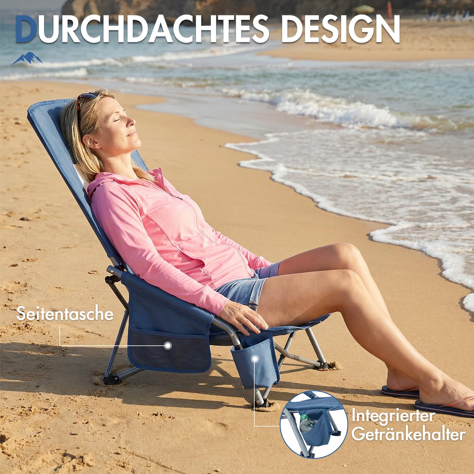 Portal Strandstuhl klappbar mit Hochlehner leicht Campingstuhl faltbar 150KG niedrig atmungsaktives Gewebe Faltstuhl tragbar mit Tragetasche Getränkhalter für Strand Garten Wandern