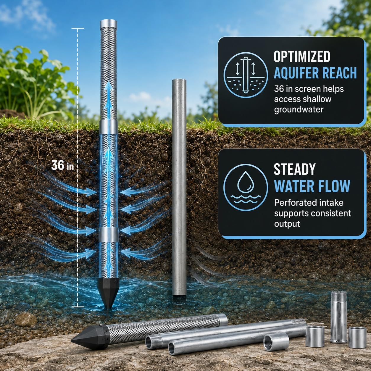 Kit De Tubería De Pozo Galvanizada, Punta De Arena De 1-1/4" 36" | Cabezal de accionamiento de acero inoxidable con criba de malla 60, juego completo for perforación de suelos blandos(3+1kit)