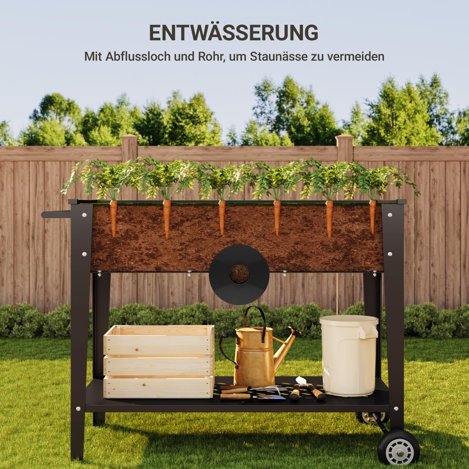 Xbro Huerto Urbano con Ruedas y Estante Inferior, Jardinera Elevada de Metal para Plantas, Flores y Verduras, Macetero Móvil para Terraza, Balcón y Jardín, 104 x 41 x 80 cm, Negro