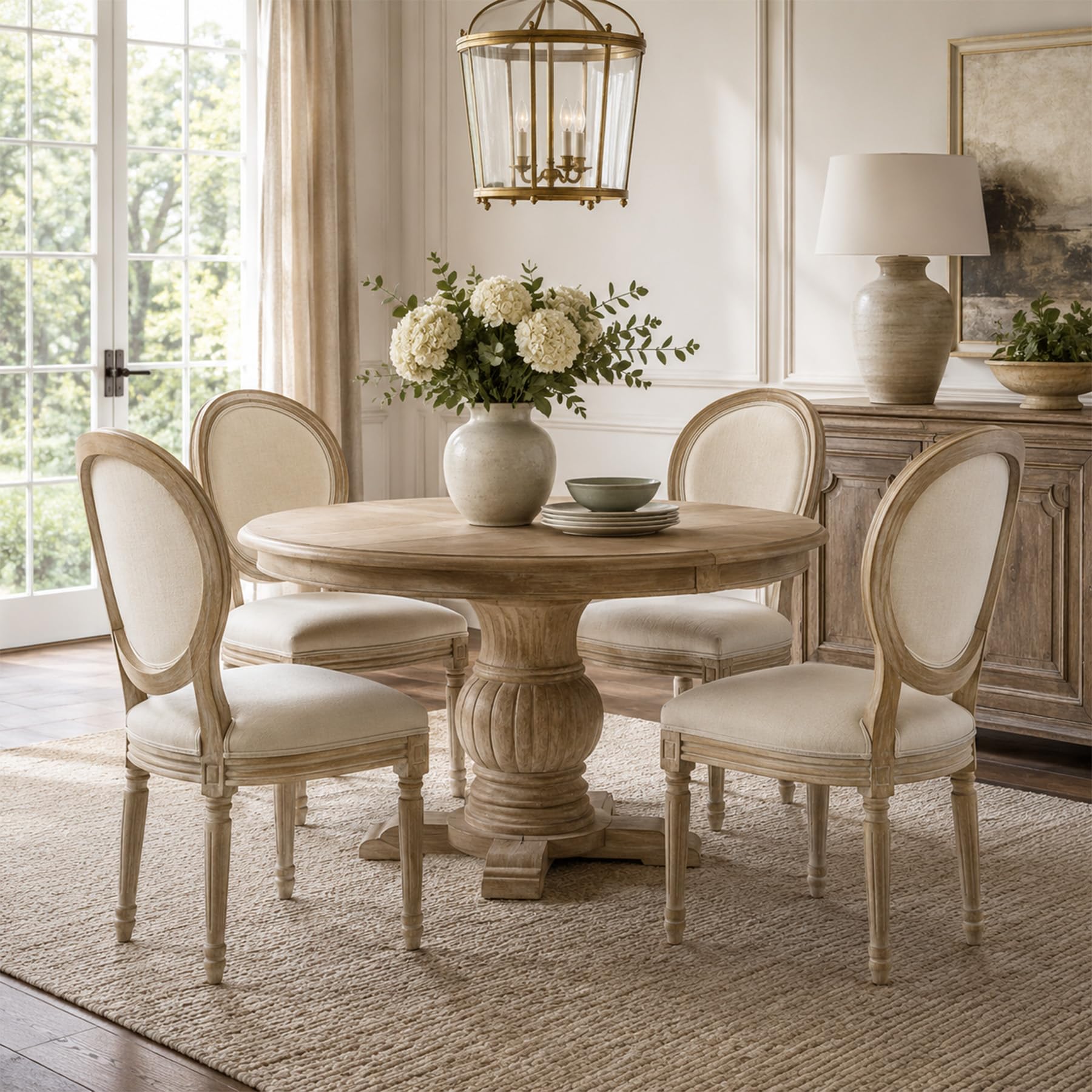 Set de 4 Sillas de Comedor, Sillas Medallón de Madera, Beige | Tela de Lino, Estilo Vintage Francés Clásico con Asiento Acolchado para Dormitorio, Salón y Restaurante