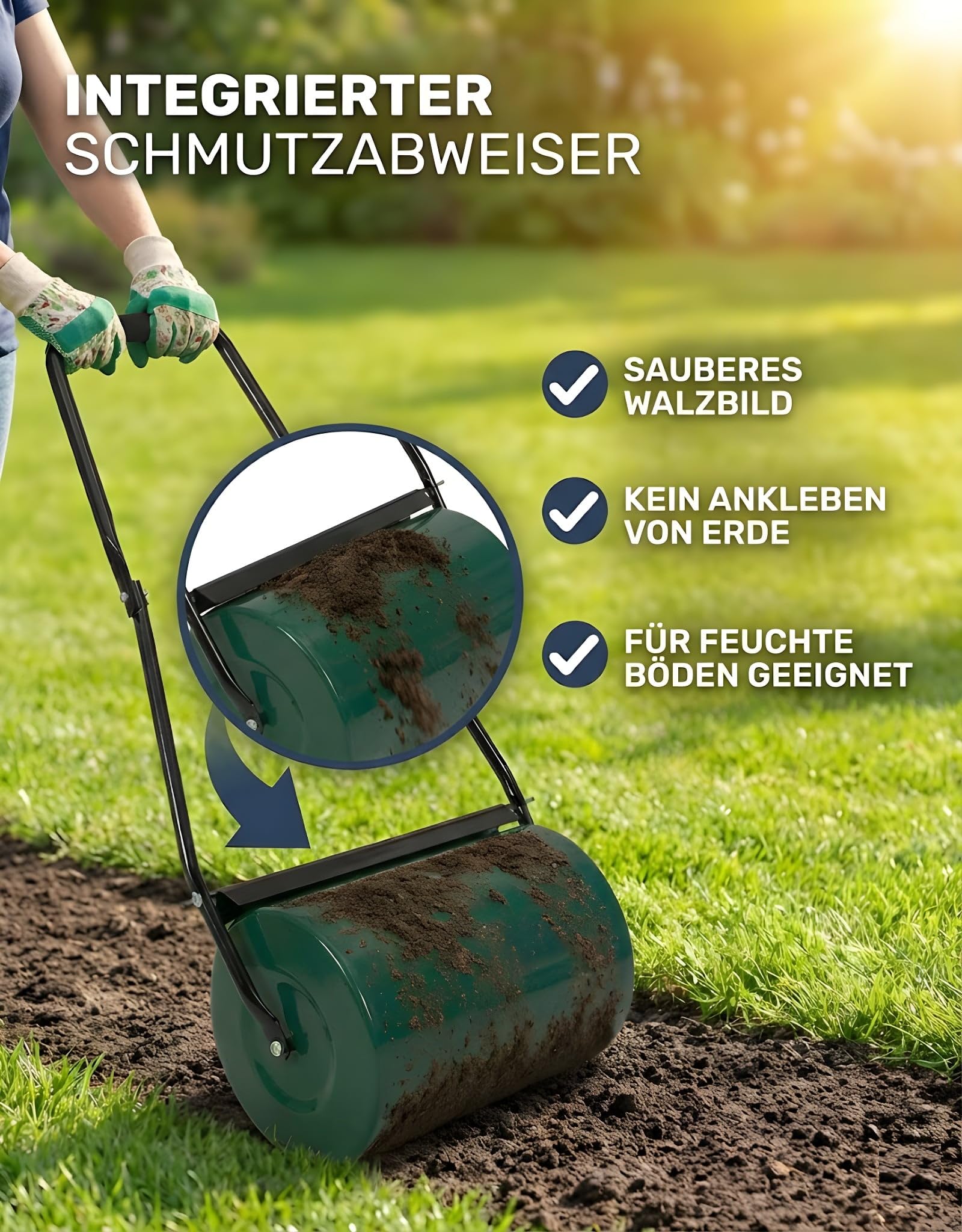 Rasenwalze aus Metall 48 l – befüllbare Gartenwalze mit 60 cm Arbeitsbreite | ergonomischer Griff, Schmutzabweiser, bis 60 kg Gewicht | ideal zum Andrücken von Saatgut & Bodenverdichtung