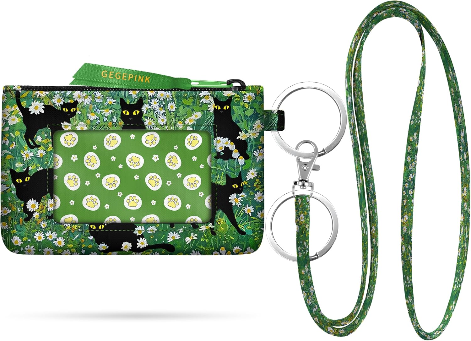 ID Case Keychain Wallet with Lanyard Minimalist Water Resistant Small Coin Pouch with Clear ID Window Cute Zipper Coin Pouch-Black Cat Floral Wallet Keychain