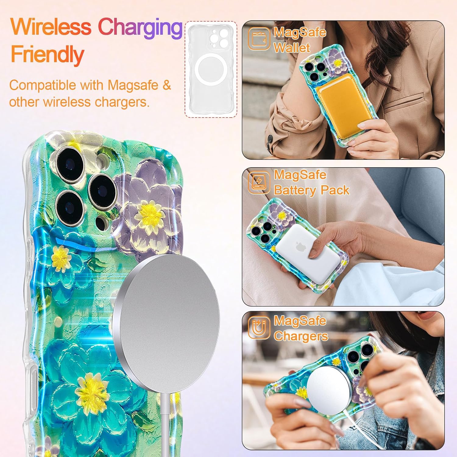 EYZUTAK Magnetic for iPhone 14 Pro Max Case,Oil Painting Blue Purple Flower image 3