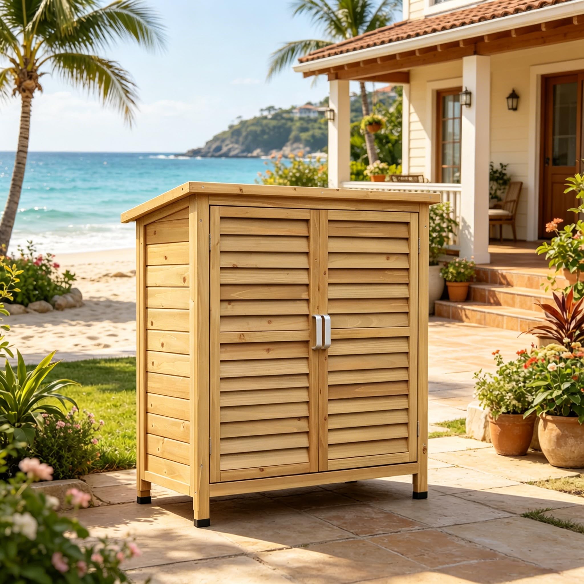 FammyLoft Holz Gartenschrank mit Louviertüren, Outdoor Schrank Wetterfest mit Doppeltem Ablageboden, Werkzeugschrank mit Große Stauraum, Besenschrank,