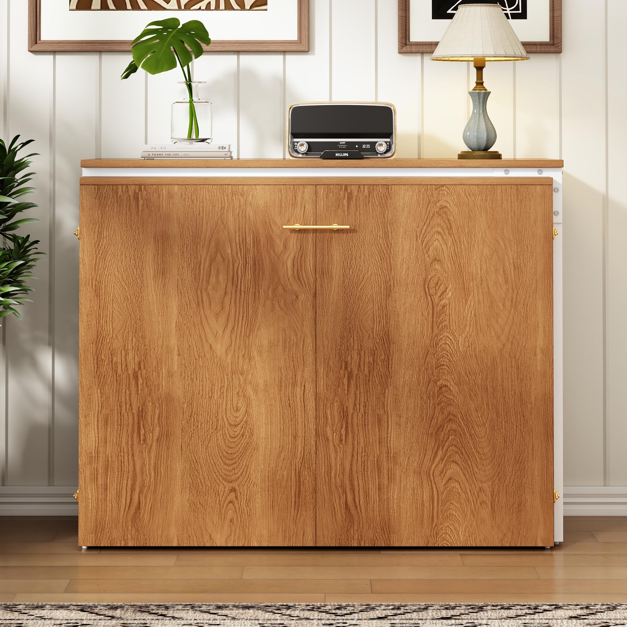 Merax Klappbett 90x200 cm, mit drehbarem Schreibtisch & Matratze, platzsparendes Schrankbett mit Rollen, faltbares Wandbett für kleine Räume, Gästezimmer & Homeoffice, inkl. Matratze