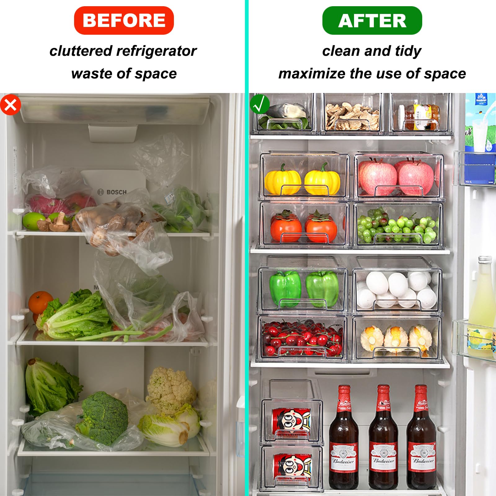 Taiuloo 2 Pack Fridge Drawers, Clear Refrigerator Organizer Bins with Pull-out Drawer, BPA-Free Food Storage Containers, Stackable Storage Box for Pantry Kitchen Freezer Cabinet Makeup Bathroom