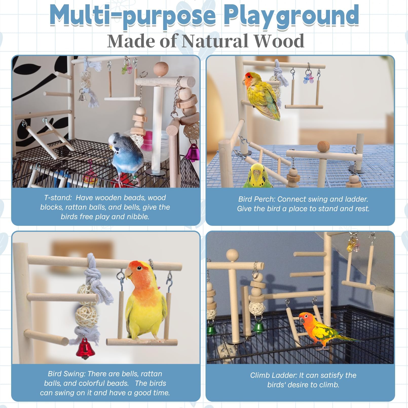 PINVNBY Parque Infantil para pájaros, Loros, Gimnasio, Jaula para periquitos, Soporte de Madera para corralito, escaleras para Masticar, Escalar, Juguete de Jaula de pájaros, Accesorios para cacatúa,