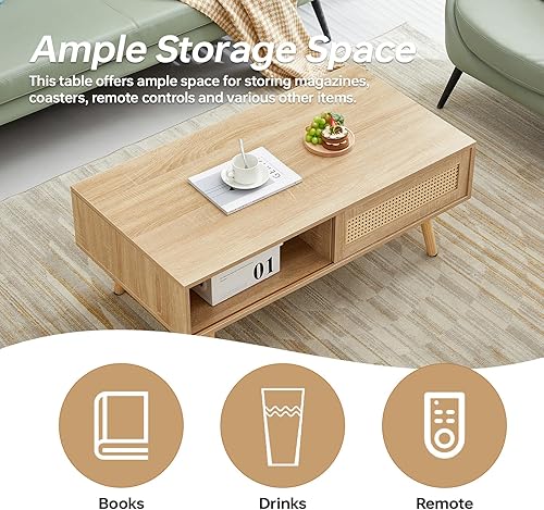 Miniatura 14 de Mesa de centro de madera de 41.3 pulgadas con almacenamiento, mesa de sofá central rectangular moderna con panel de puerta deslizante de ratán de
